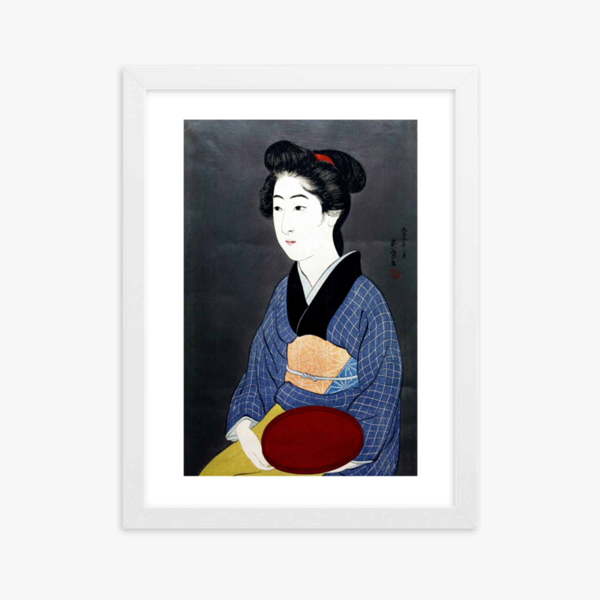 Goyō Hashiguchi: A waitress with a red tray - 30x40 cm Poster With White Frame