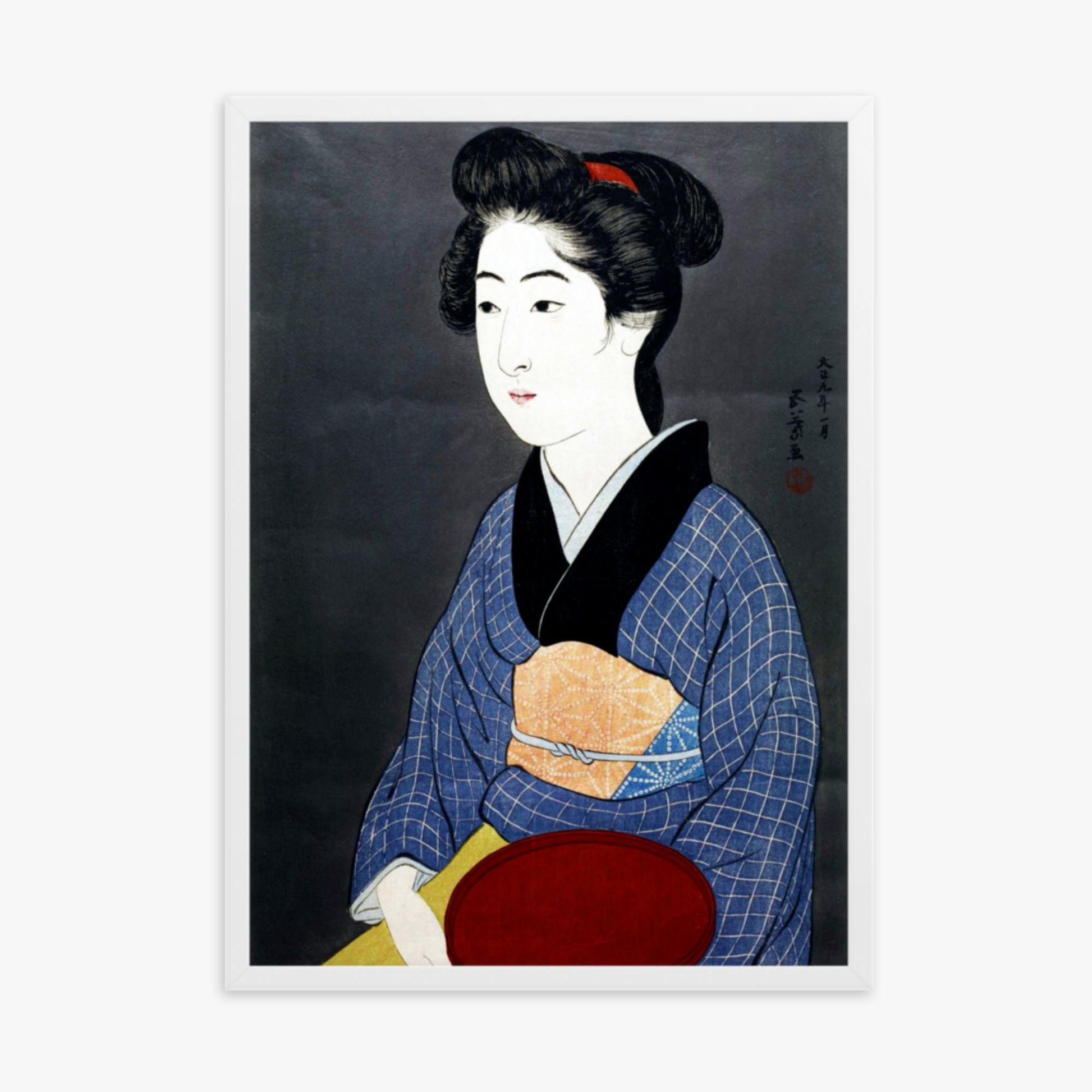 Goyō Hashiguchi: A waitress with a red tray - 50x70 cm Poster With White Frame