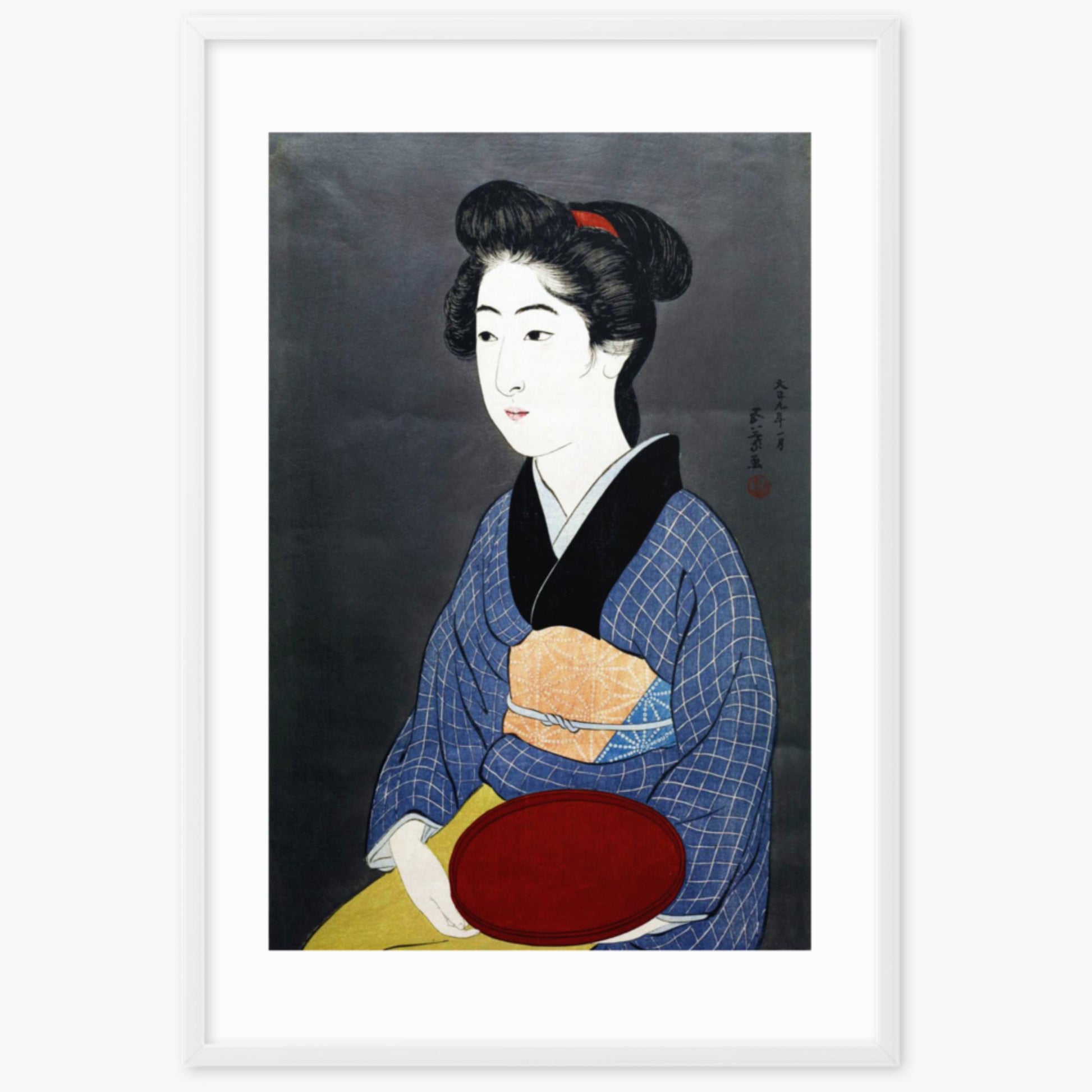 Goyō Hashiguchi: A waitress with a red tray - 61x91 cm Poster With White Frame