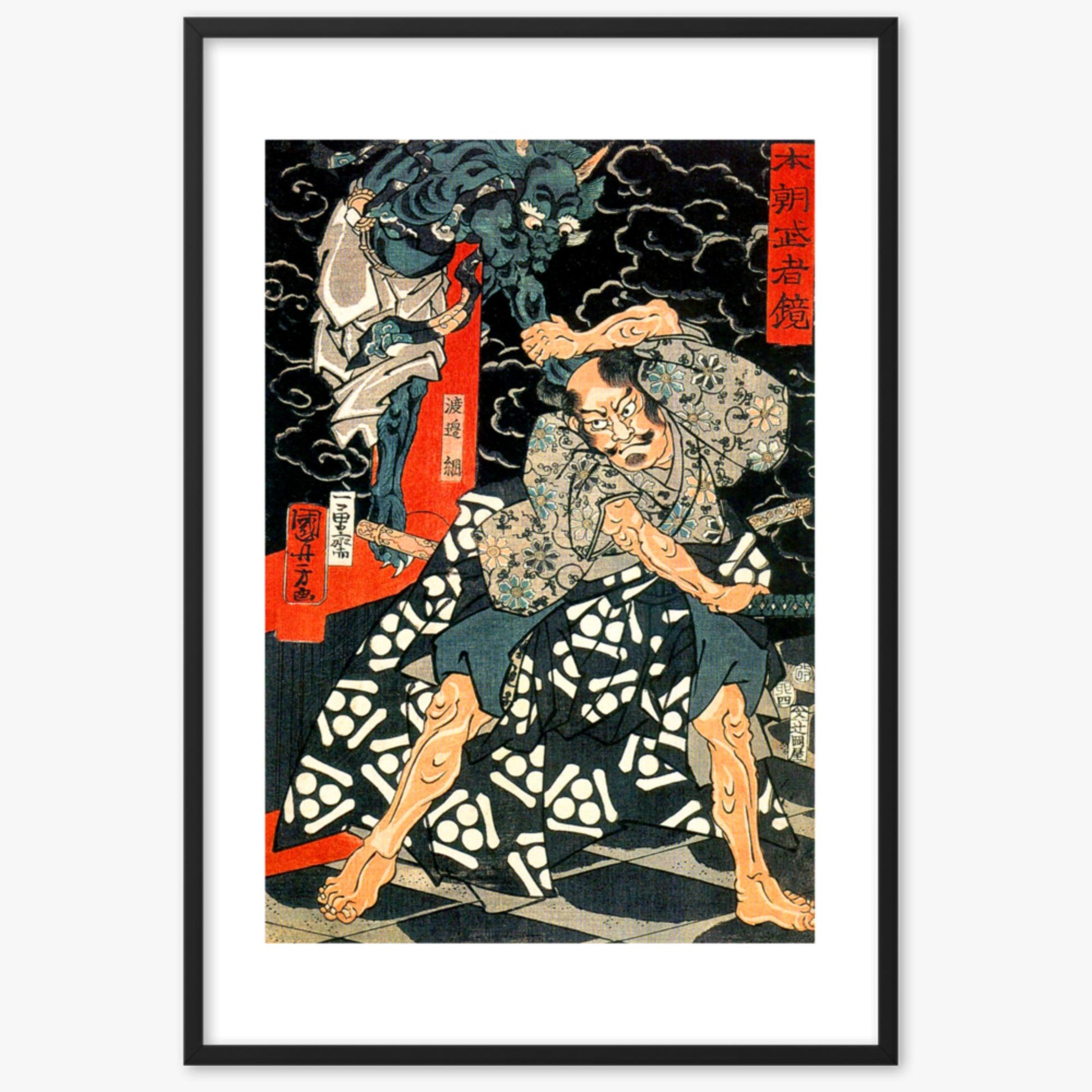 Utagawa Kuniyoshi: Watanabe Tsuna Fighting the Demon at Rashomon - 61x91 cm Poster With Black Frame