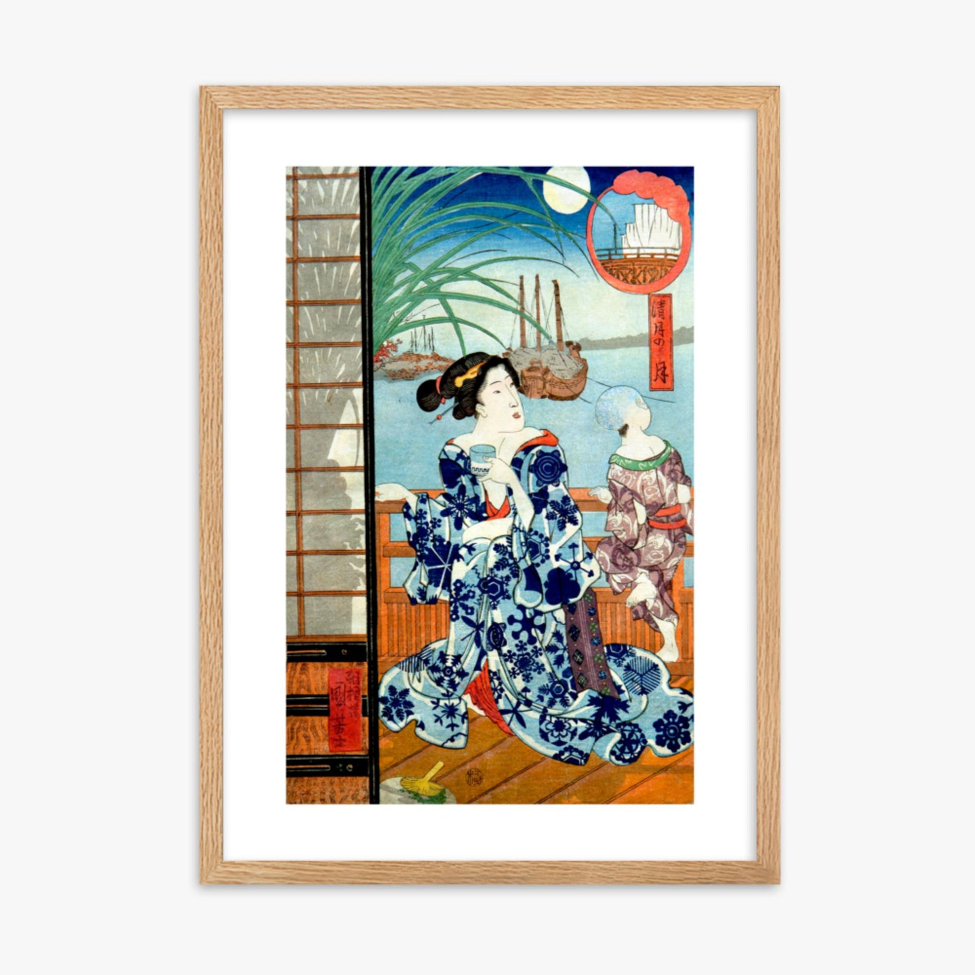 Utagawa Kuniyoshi: Clear Moon in the Eighth Month - 50x70 cm Poster With Oak Frame