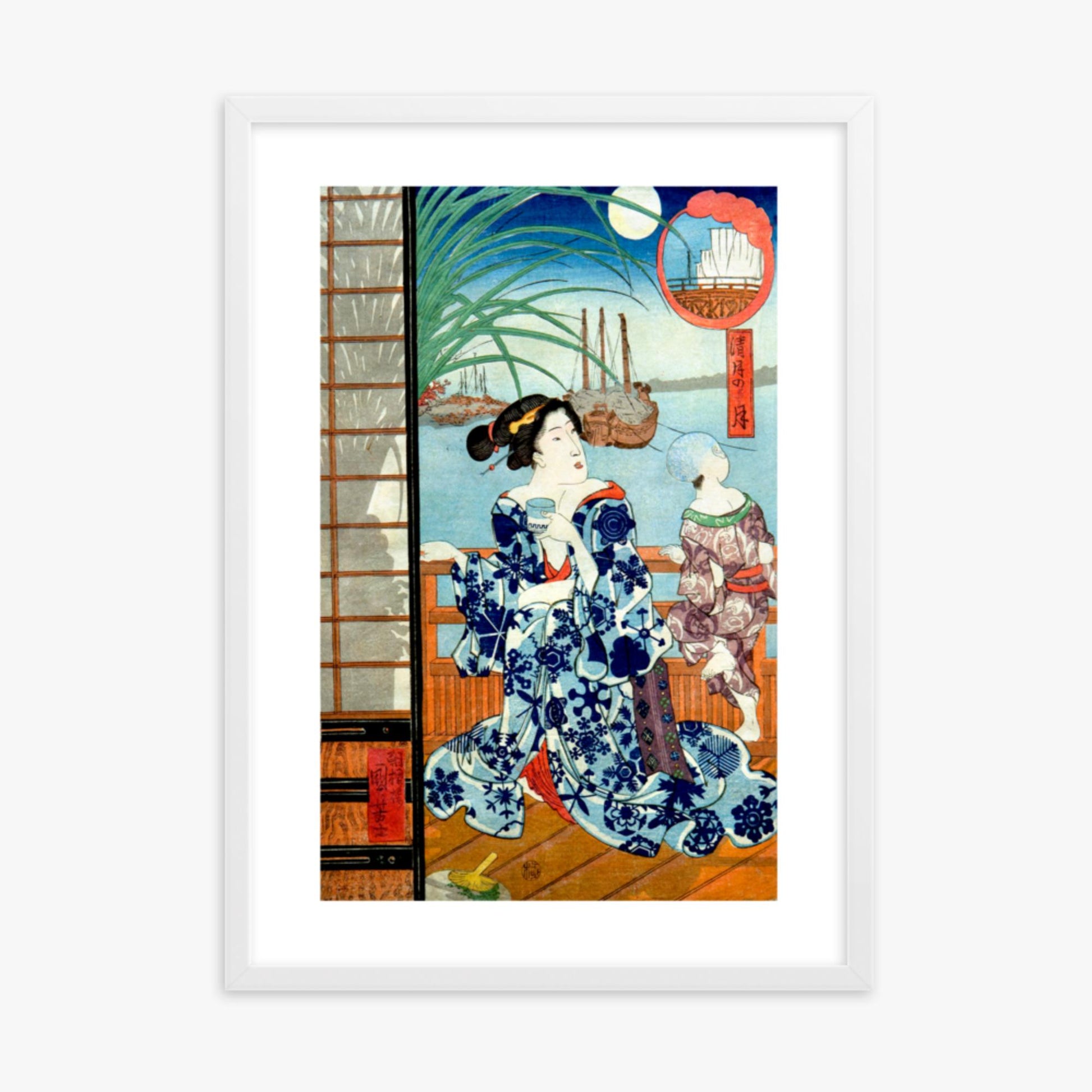 Utagawa Kuniyoshi: Clear Moon in the Eighth Month - 50x70 cm Poster With White Frame