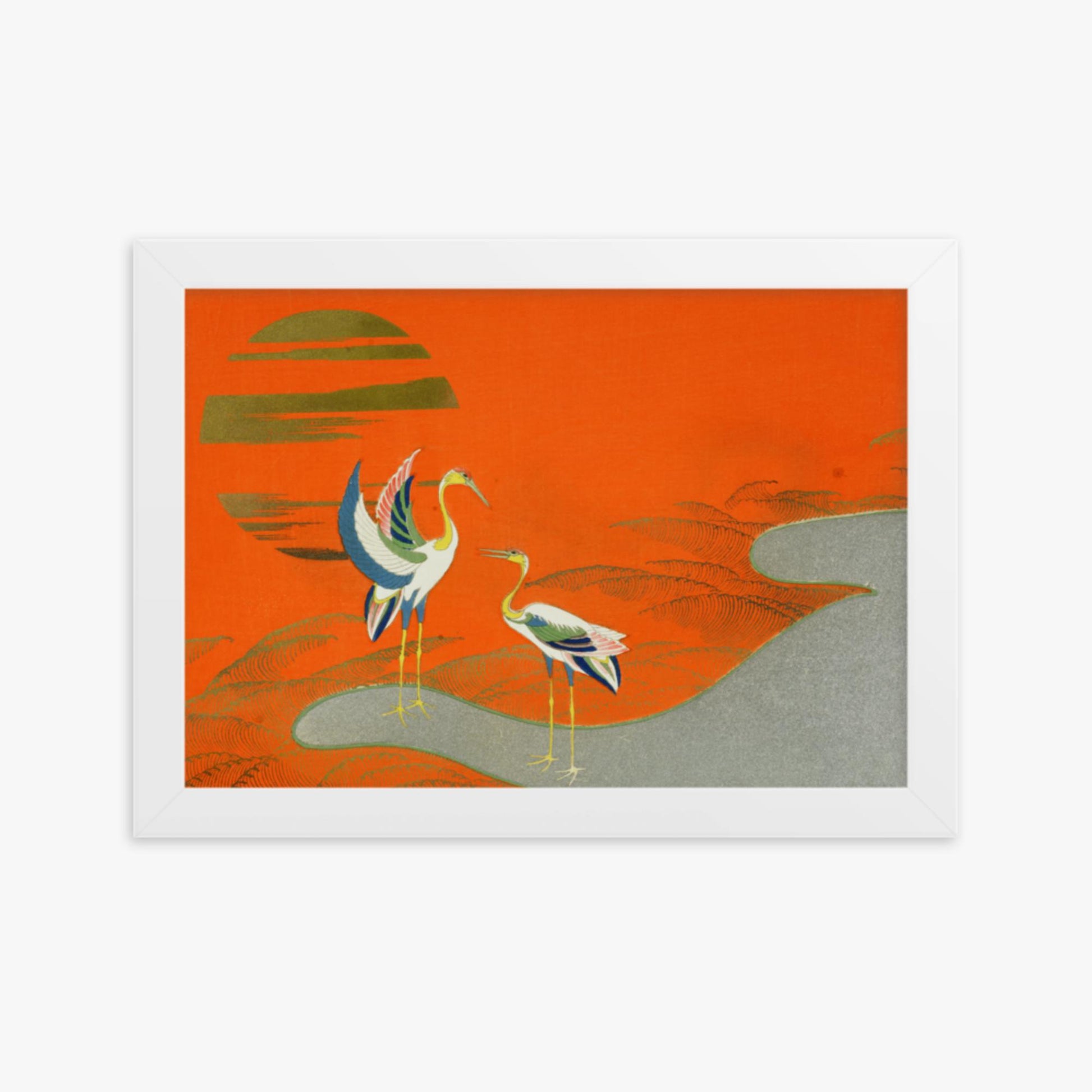 Kamisaka Sekka: Birds at sunset on the lake - 21x30 cm Poster With White Frame