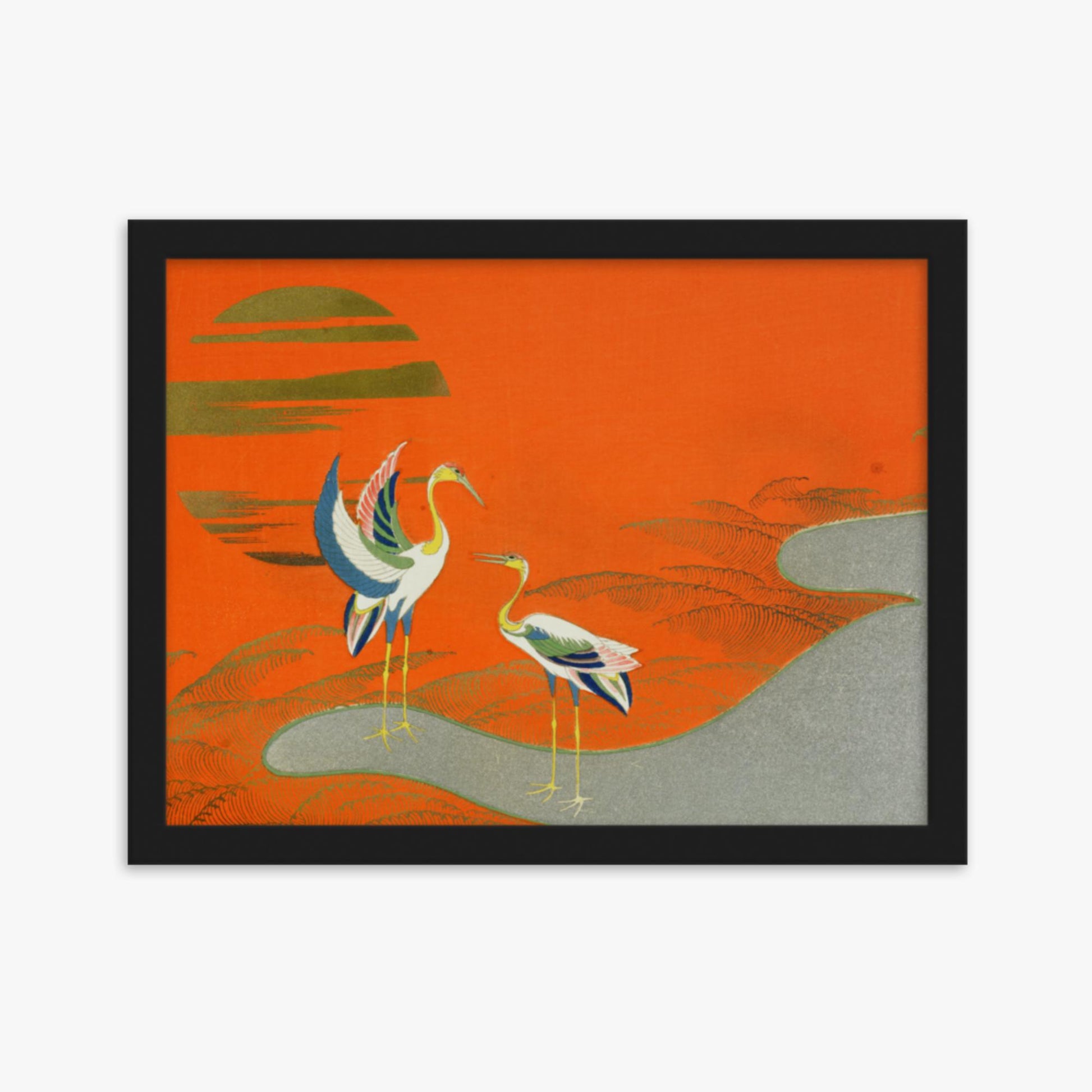 Kamisaka Sekka: Birds at sunset on the lake - 30x40 cm Poster With Black Frame