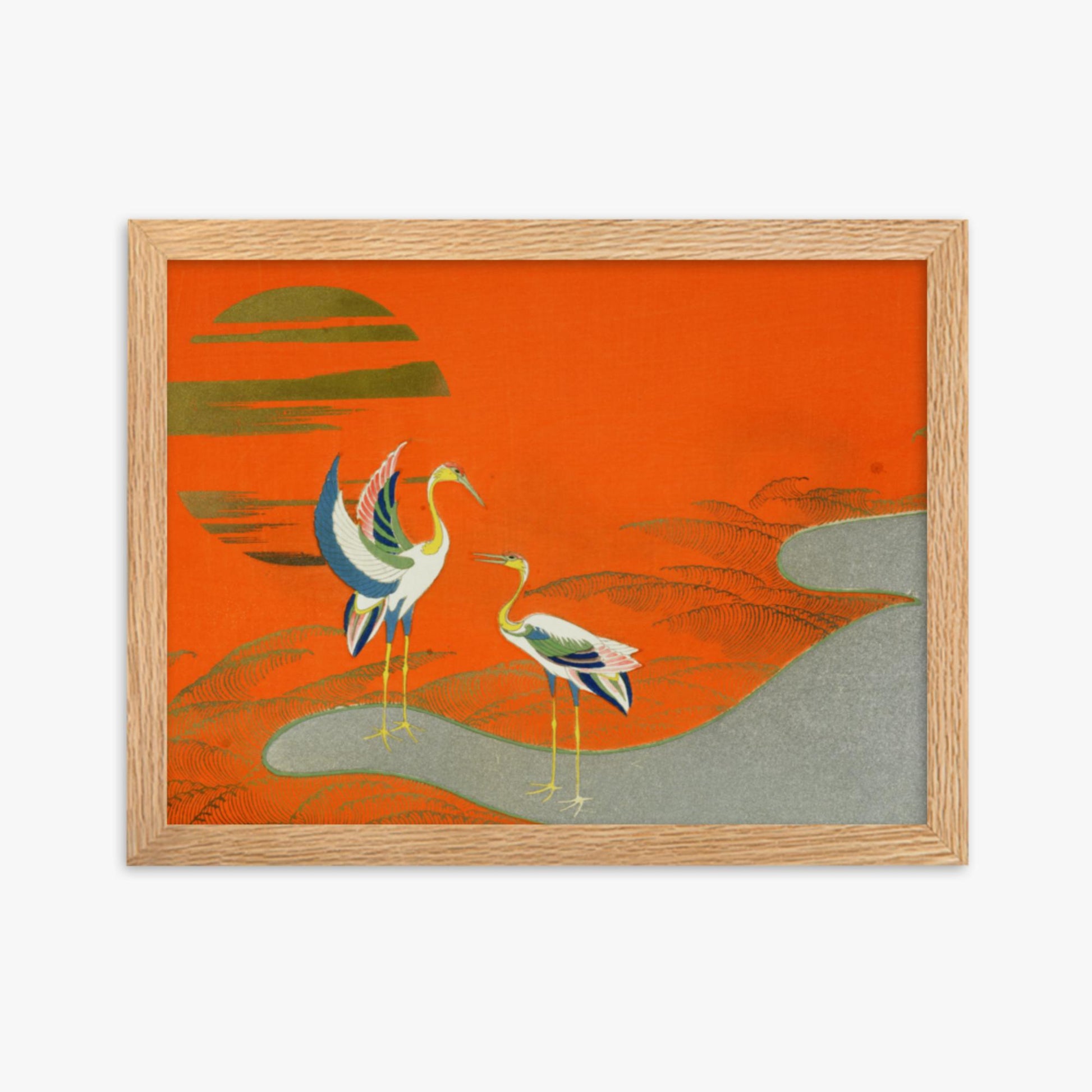 Kamisaka Sekka: Birds at sunset on the lake - 30x40 cm Poster With Oak Frame