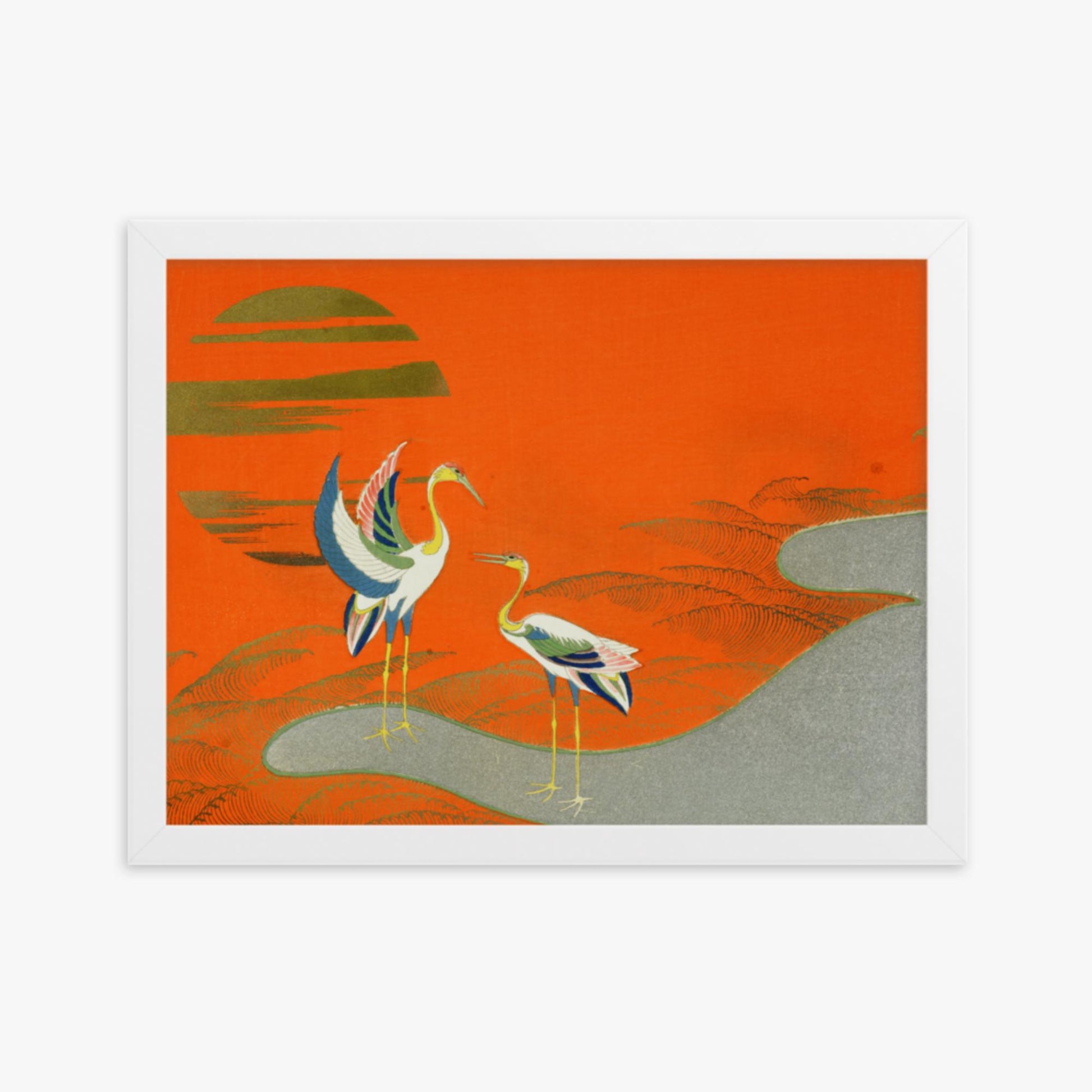 Kamisaka Sekka: Birds at sunset on the lake - 30x40 cm Poster With White Frame