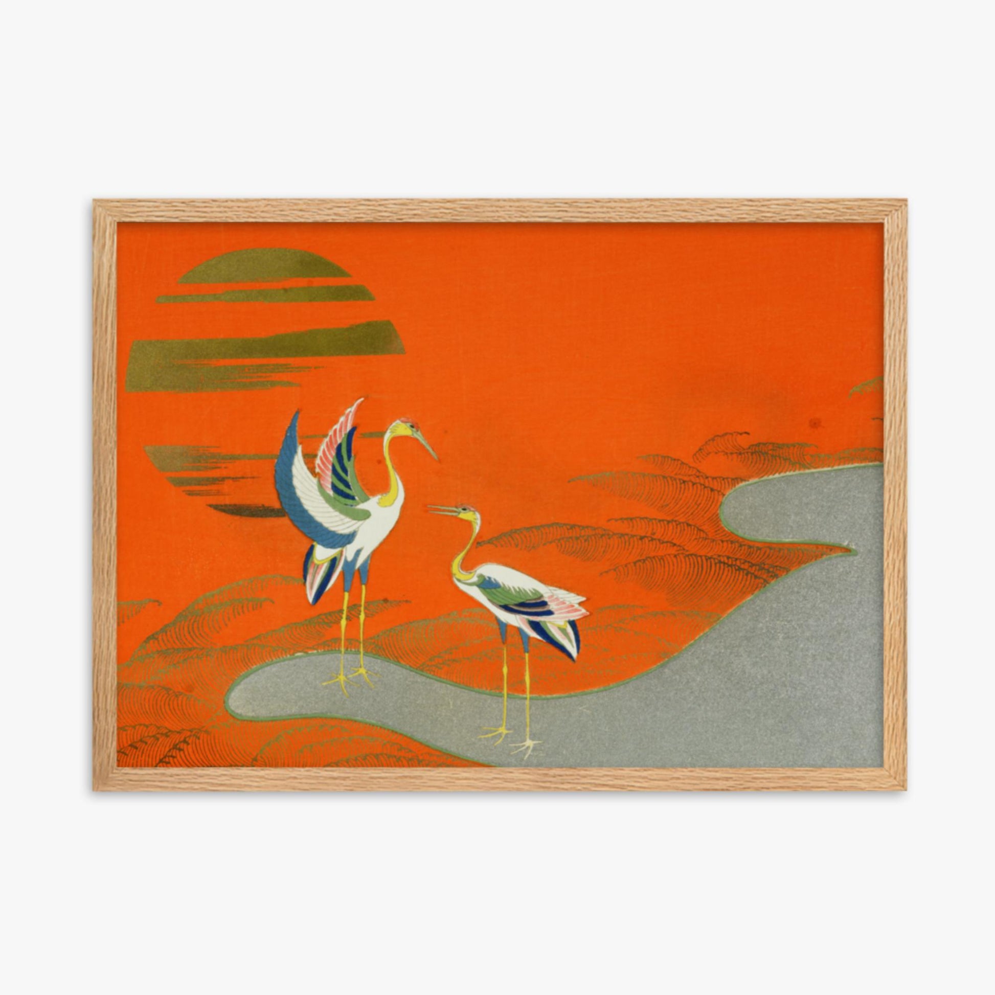 Kamisaka Sekka: Birds at sunset on the lake - 50x70 cm Poster With Oak Frame