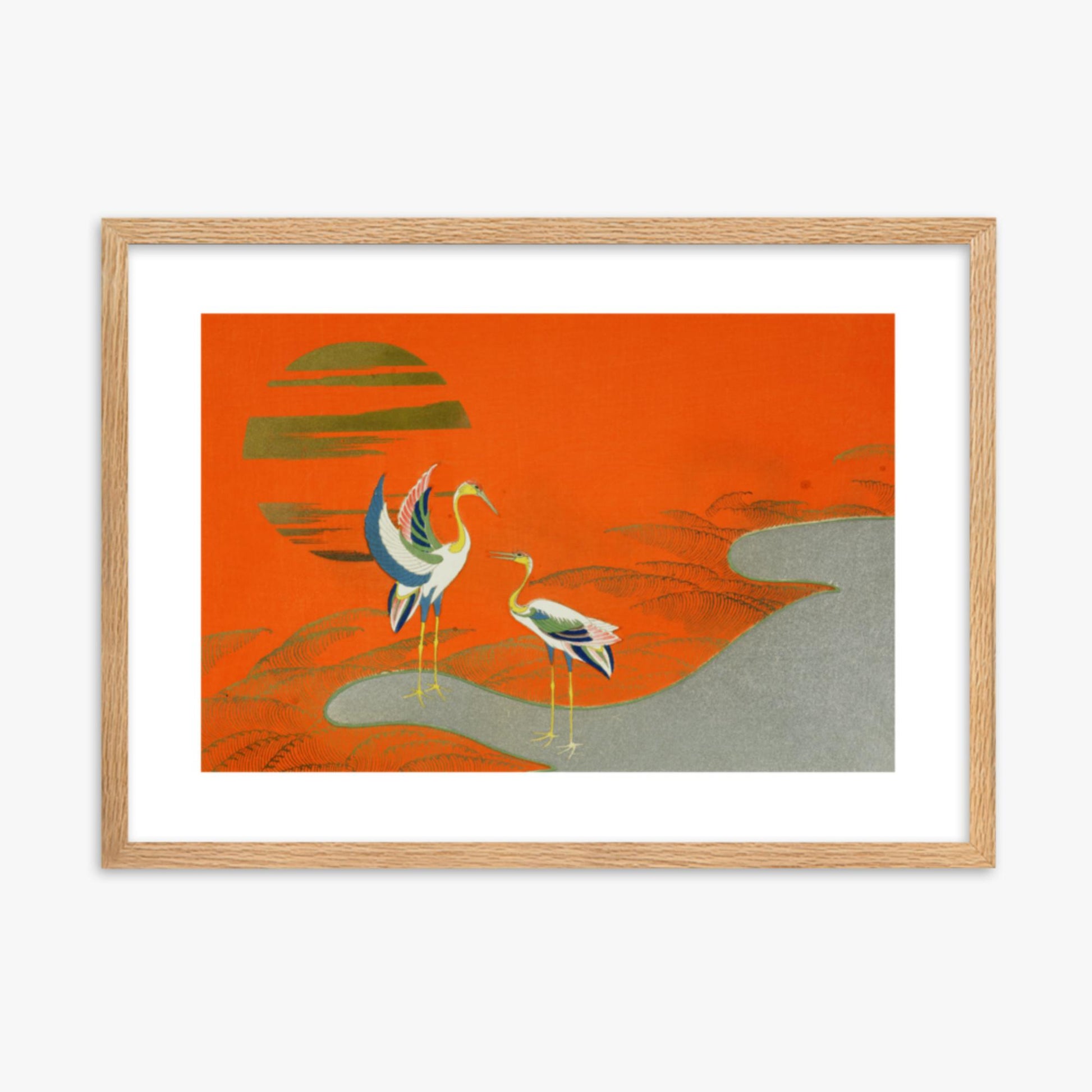 Kamisaka Sekka: Birds at sunset on the lake - 50x70 cm Poster With Oak Frame