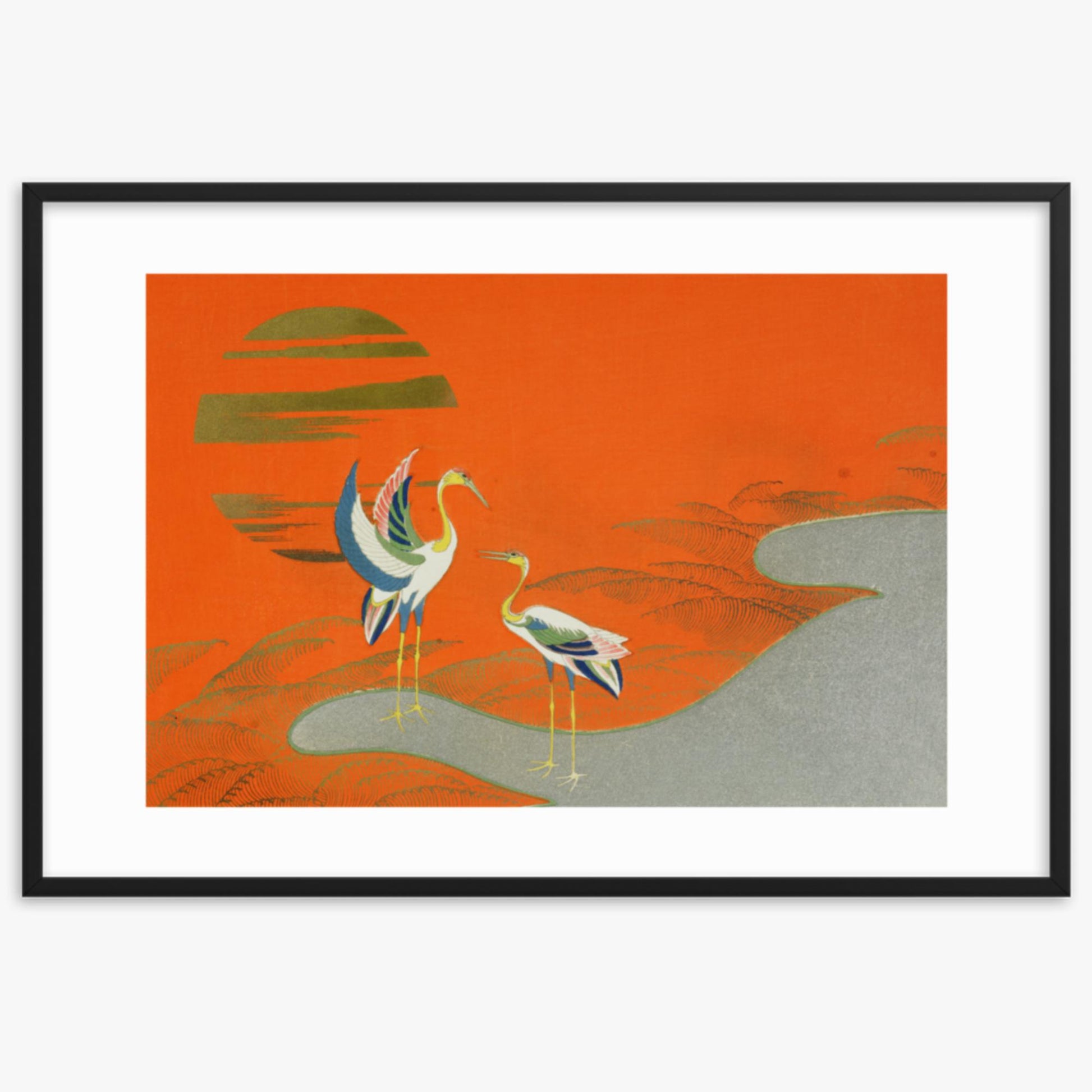 Kamisaka Sekka: Birds at sunset on the lake - 61x91 cm Poster With Black Frame