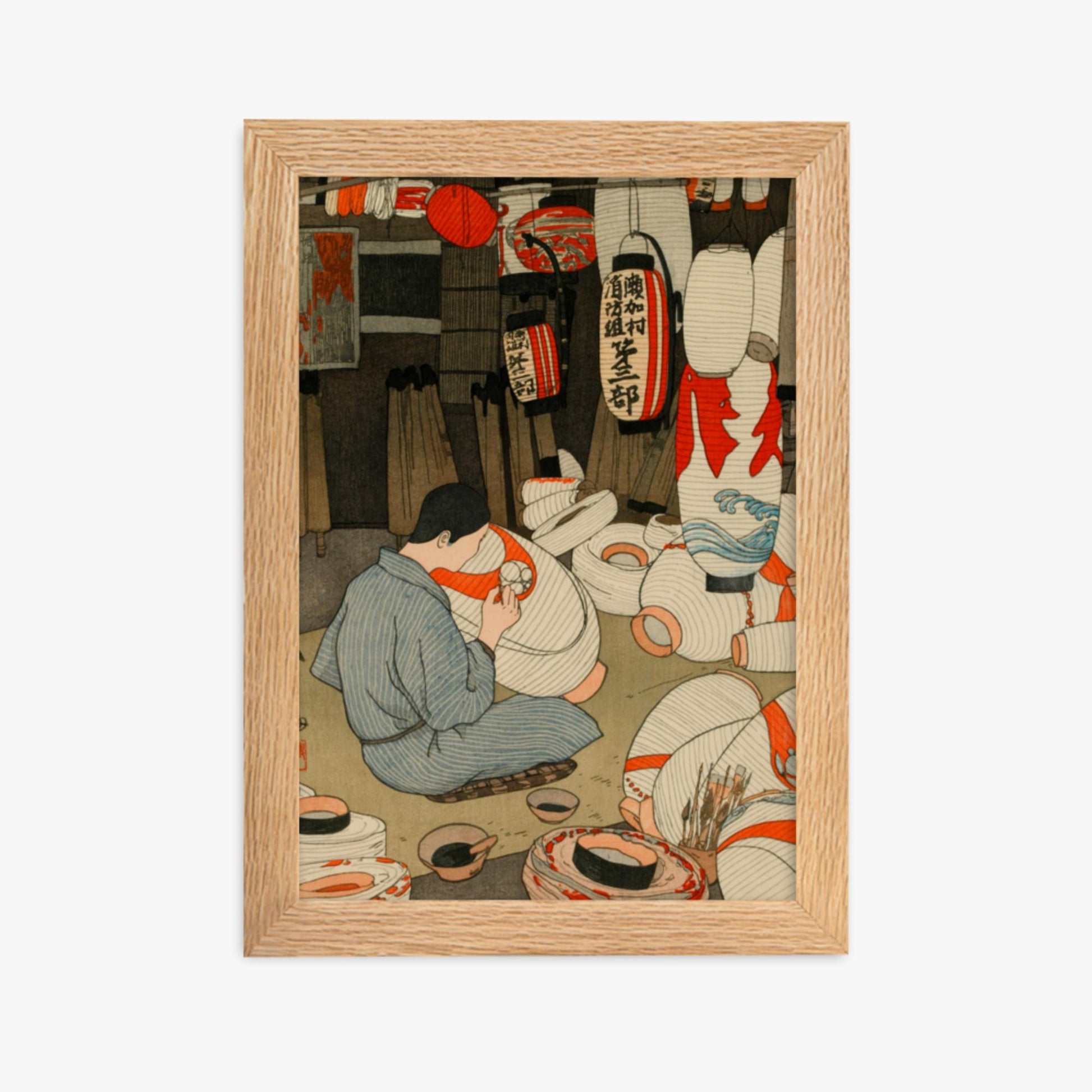 Hiroshi Yoshida: Lantern Maker - 21x30 cm Poster With Oak Frame