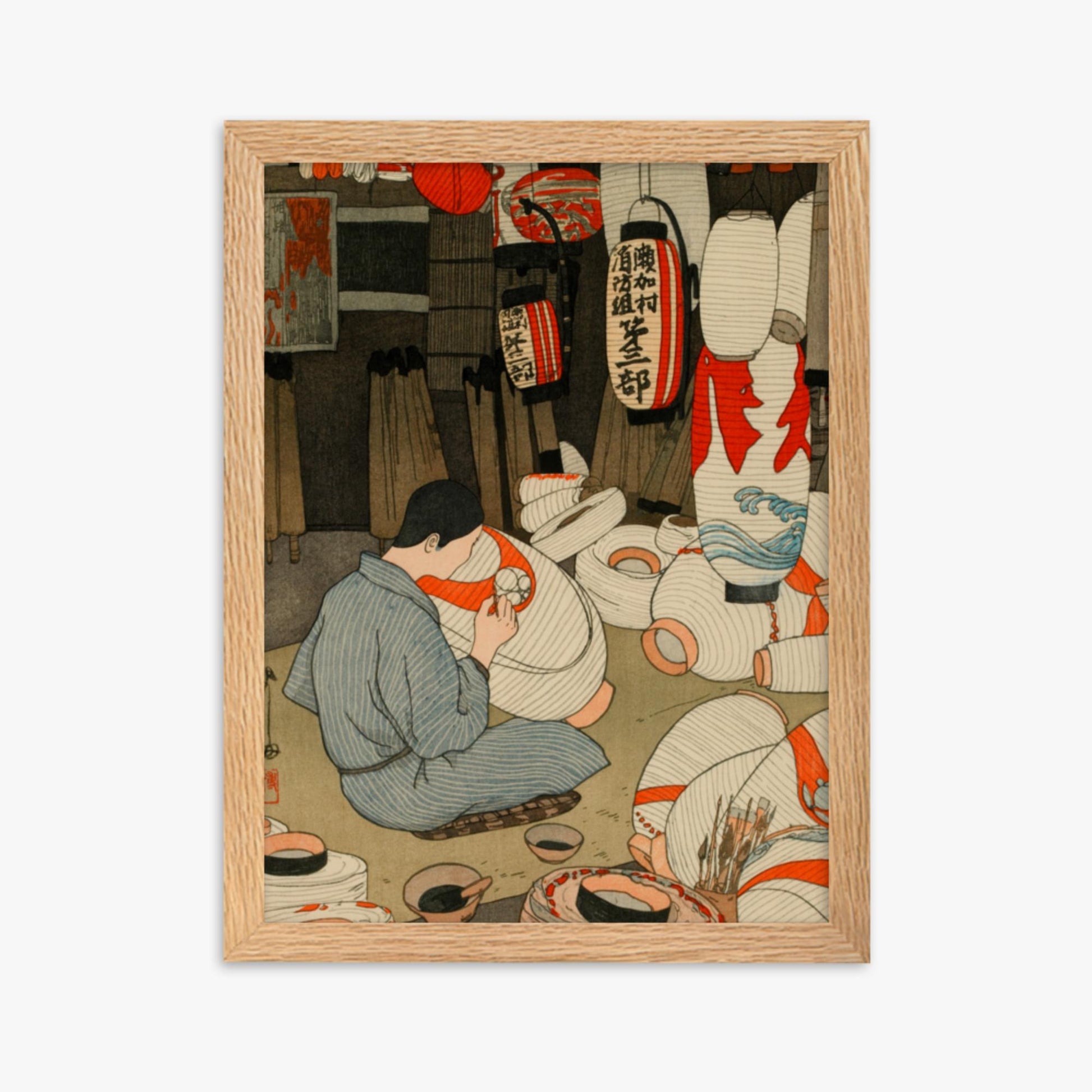 Hiroshi Yoshida: Lantern Maker - 30x40 cm Poster With Oak Frame