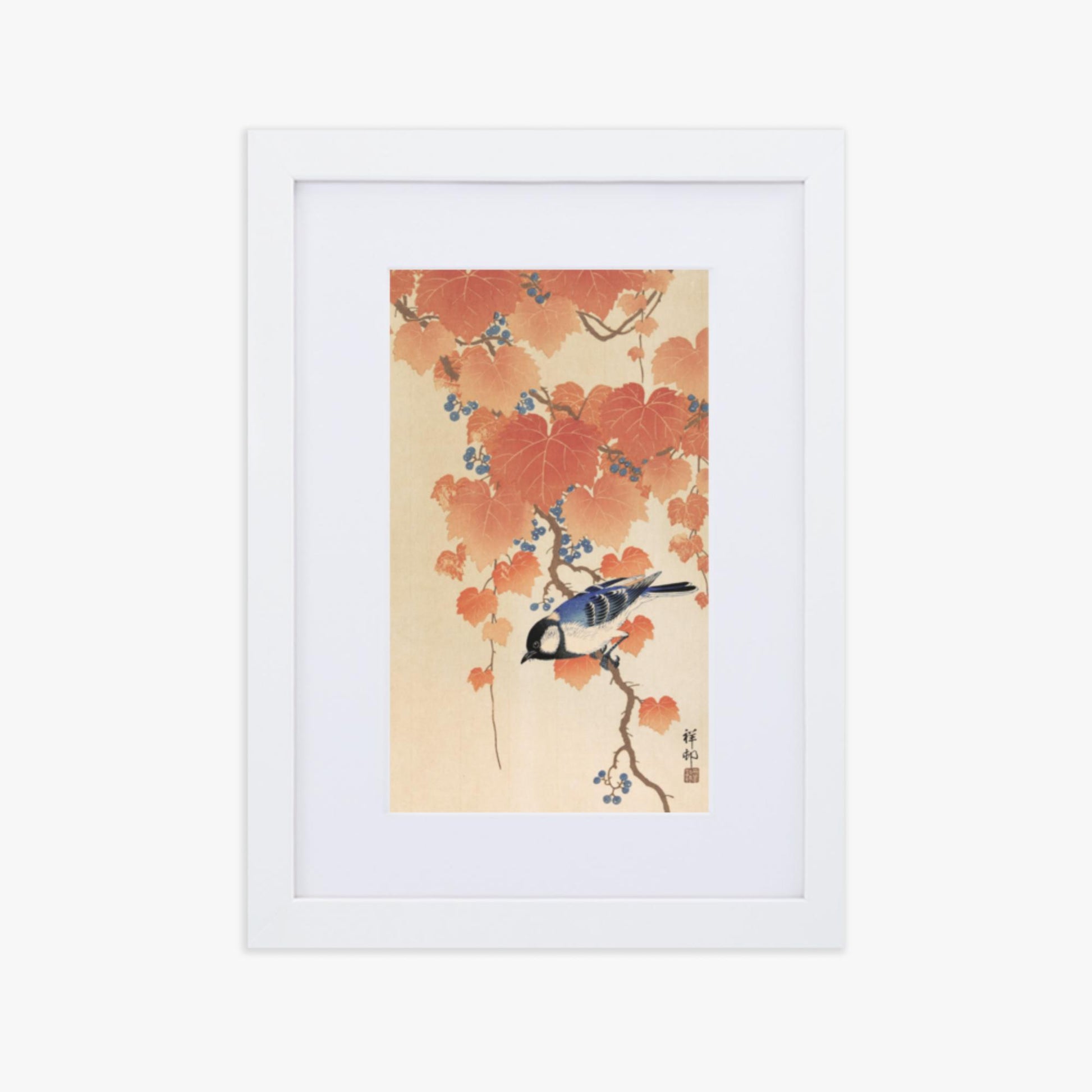 Ohara Koson - Great tit on paulownia branch 21x30 cm Poster With White Frame