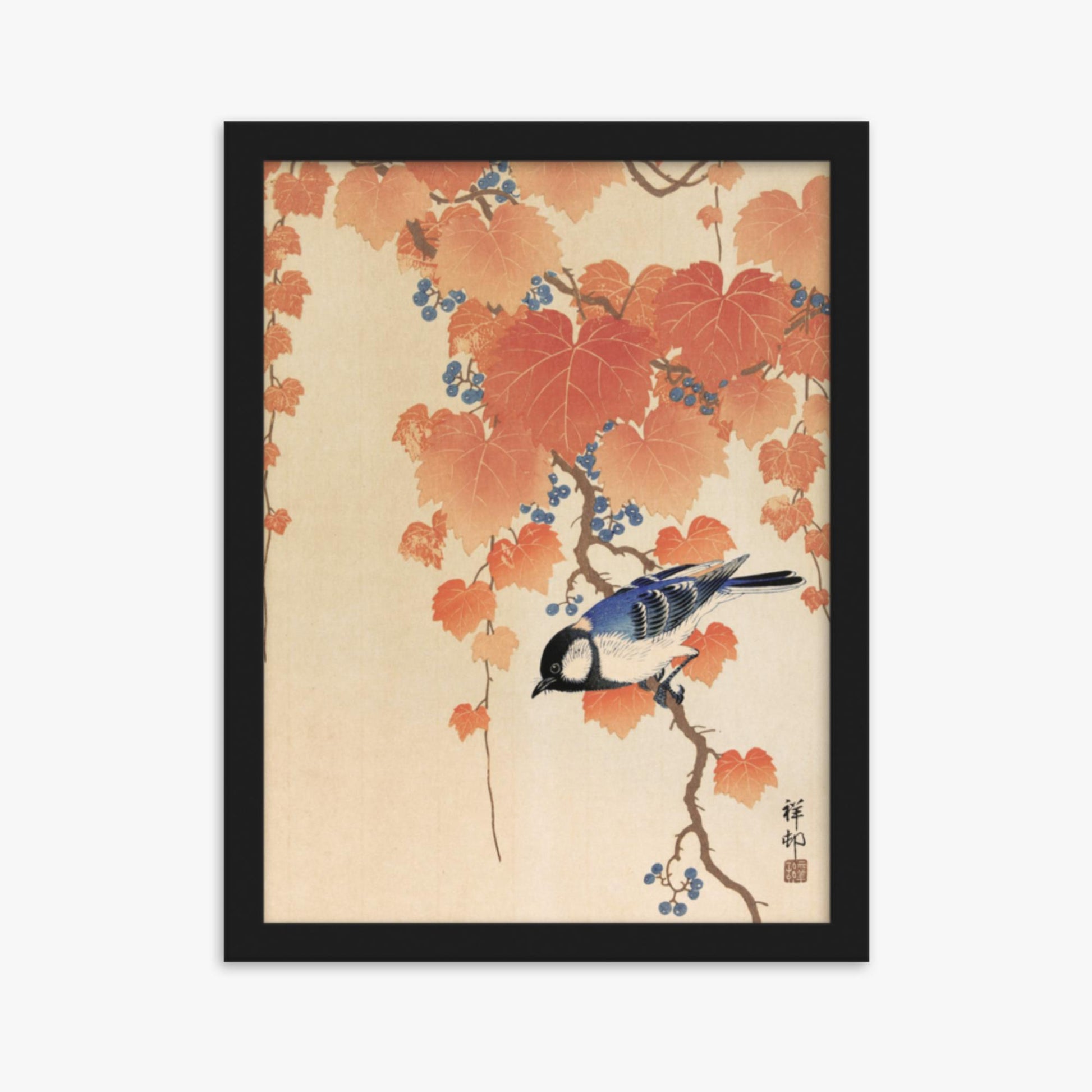 Ohara Koson - Great tit on paulownia branch 30x40 cm Poster With Black Frame