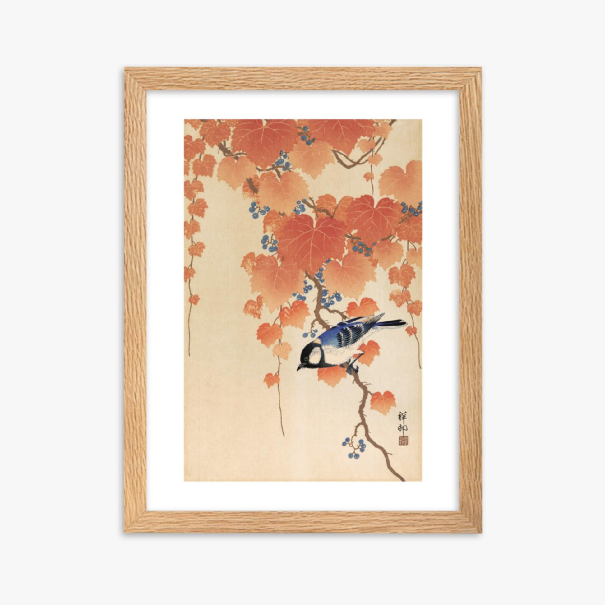 Ohara Koson - Great tit on paulownia branch 30x40 cm Poster With Oak Frame