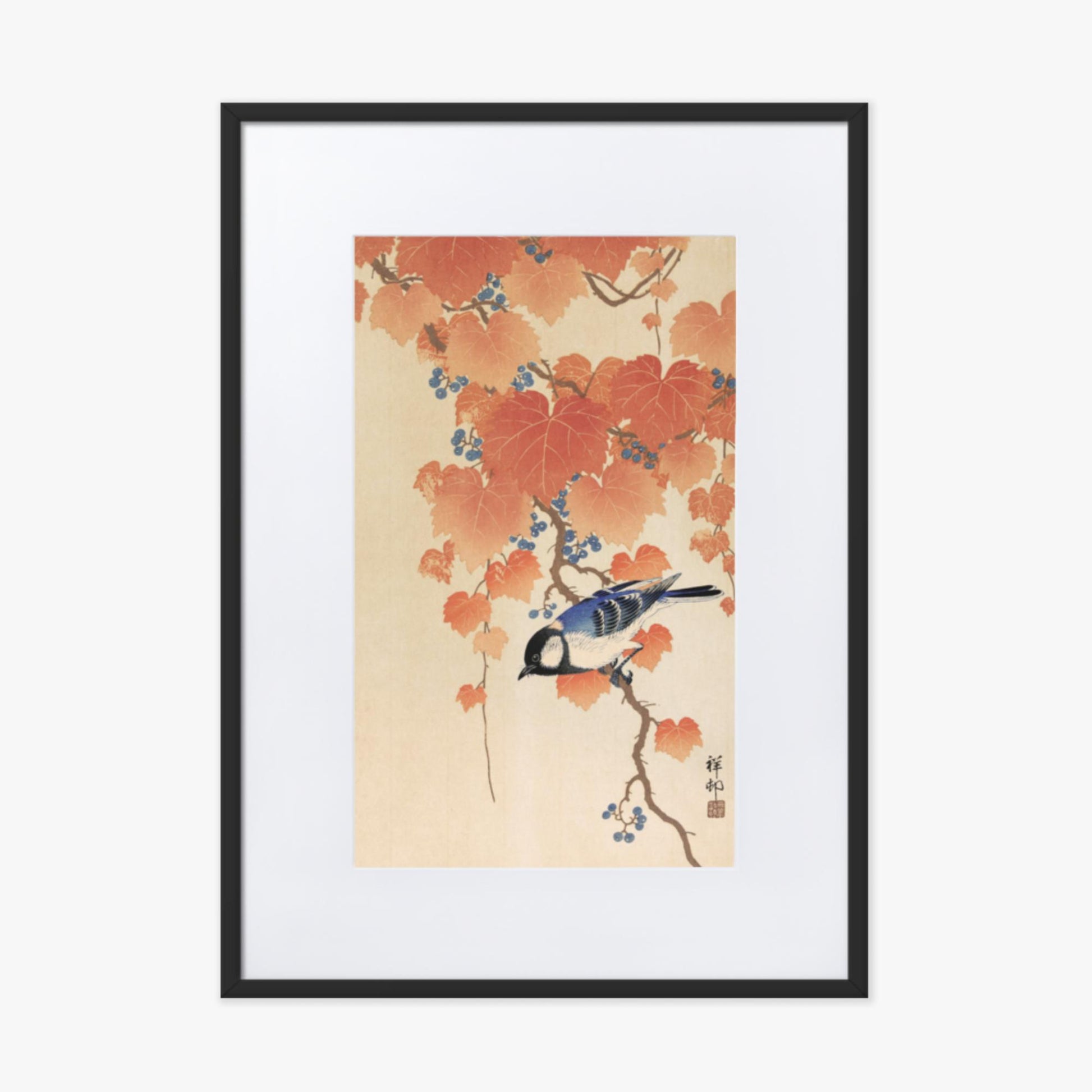 Ohara Koson - Great tit on paulownia branch 50x70 cm Poster With Black Frame