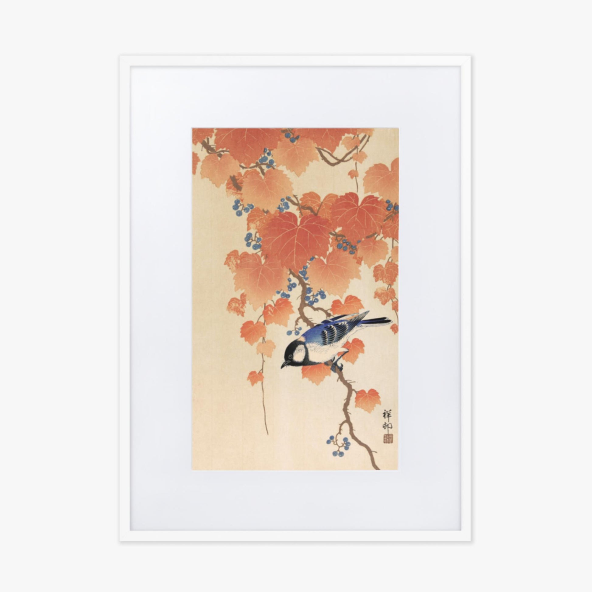 Ohara Koson - Great tit on paulownia branch 50x70 cm Poster With White Frame