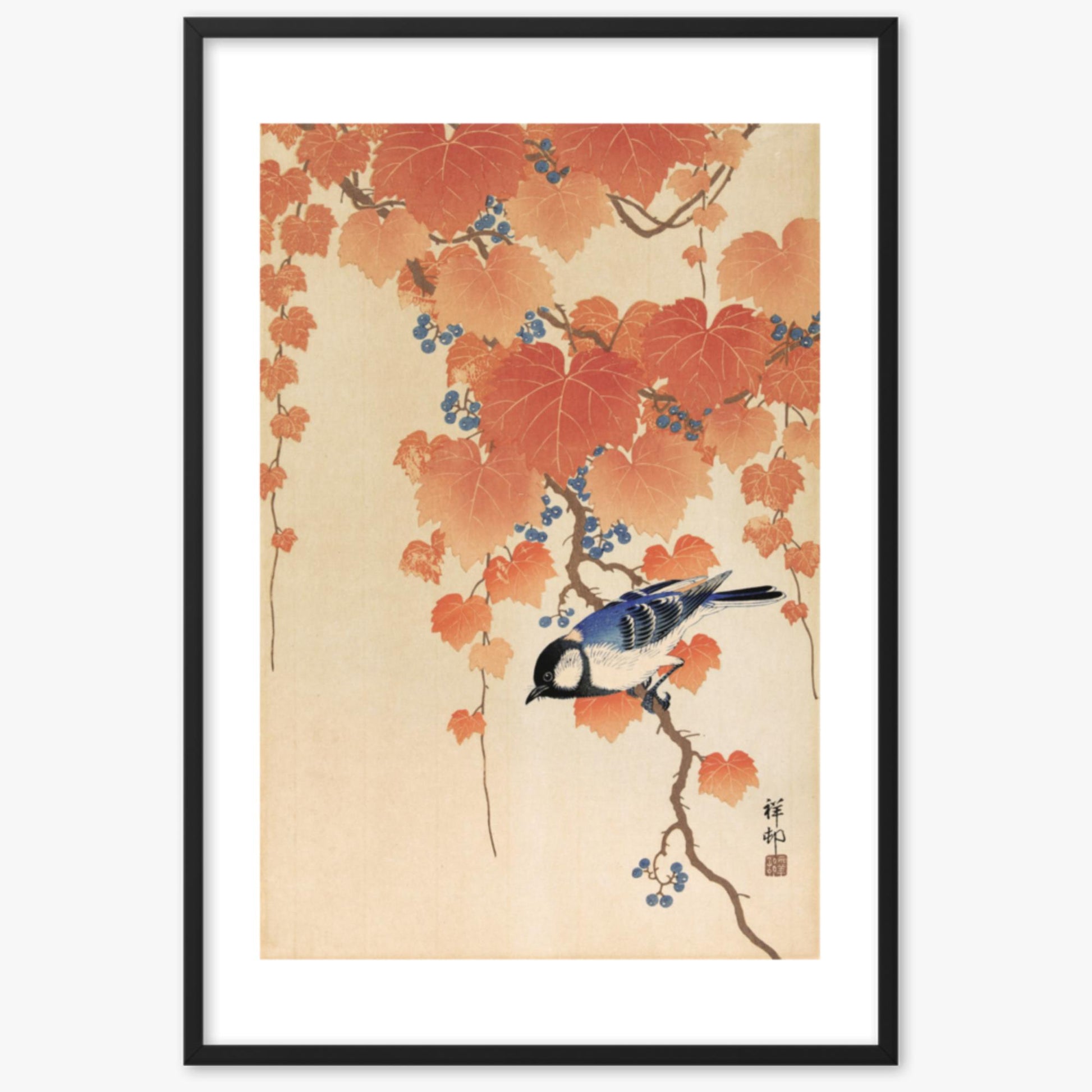 Ohara Koson - Great tit on paulownia branch 61x91 cm Poster With Black Frame