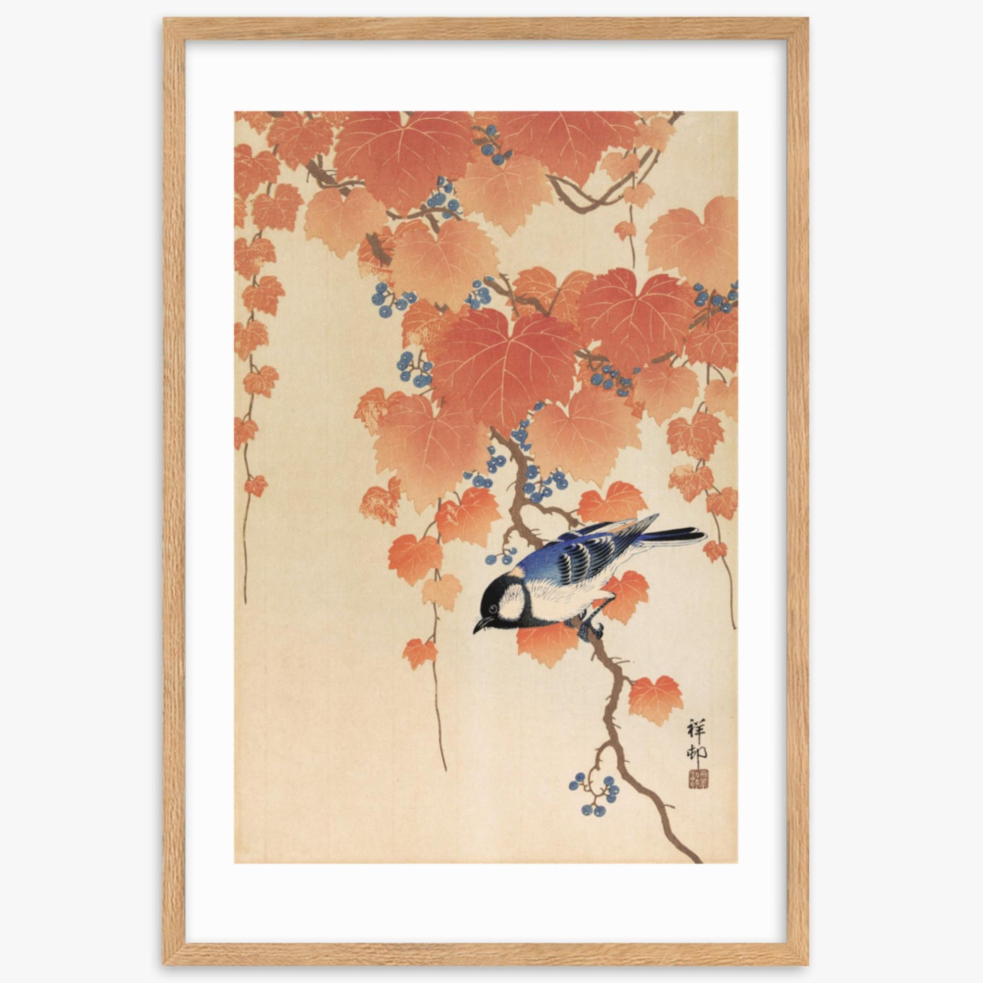 Ohara Koson - Great tit on paulownia branch 61x91 cm Poster With Oak Frame