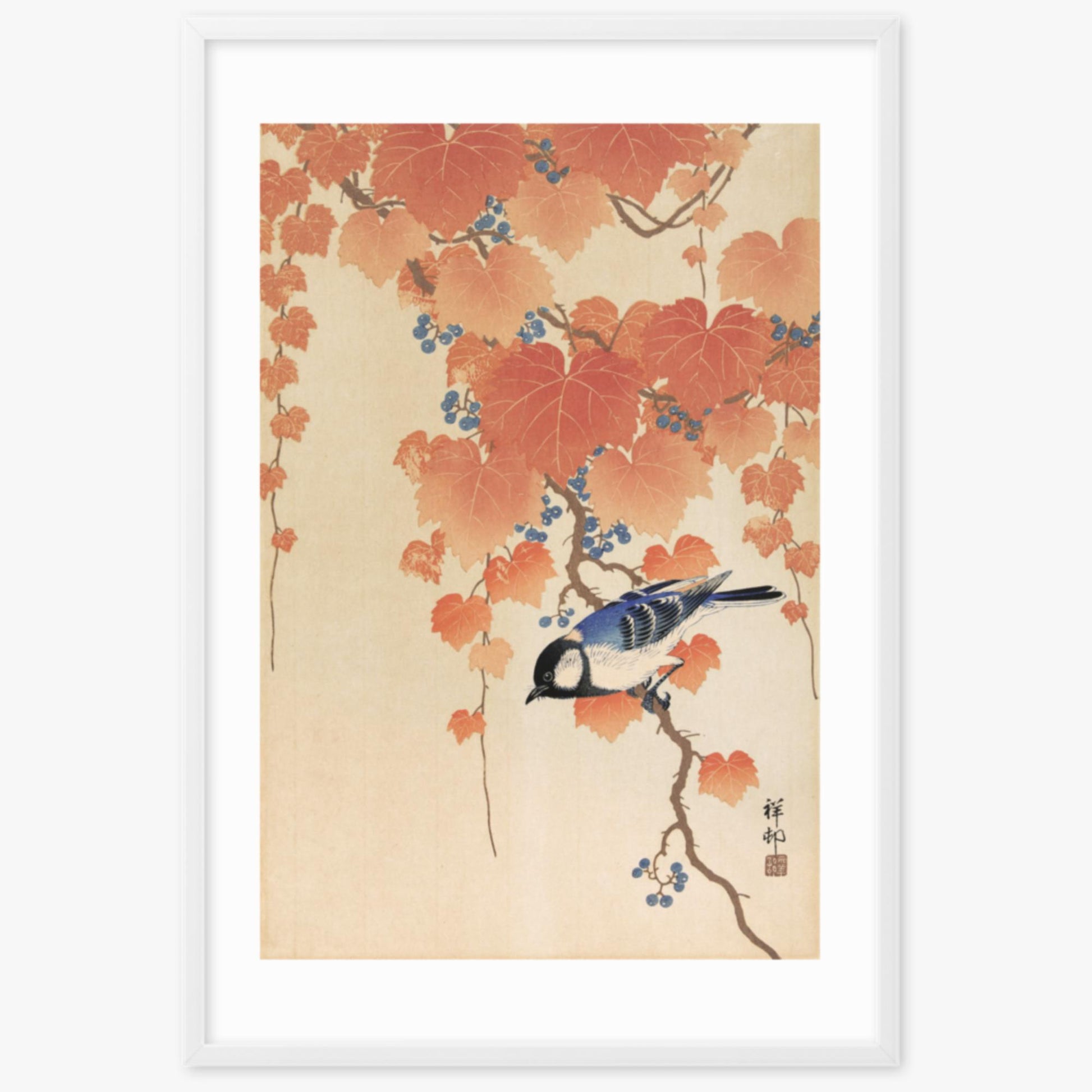 Ohara Koson - Great tit on paulownia branch 61x91 cm Poster With White Frame