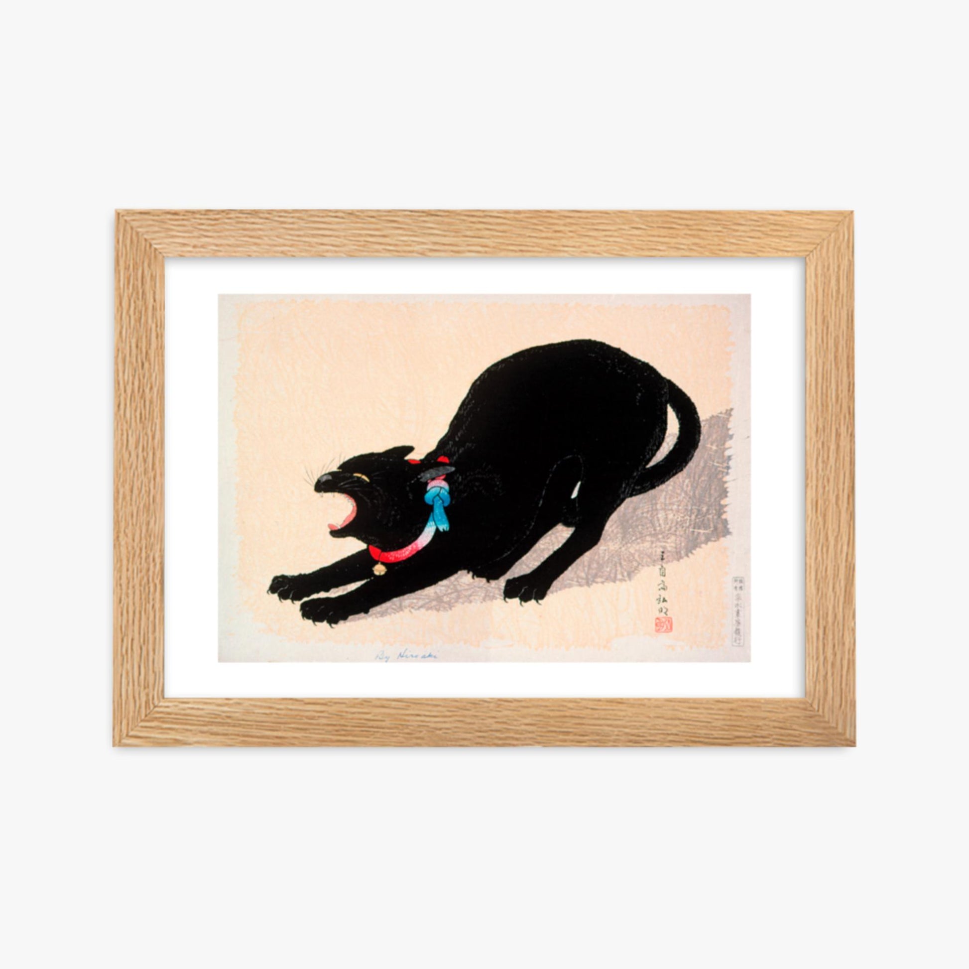 Takahashi Hiroaki (Shōtei) - Black Cat Hissing 21x30 cm Poster With Oak Frame