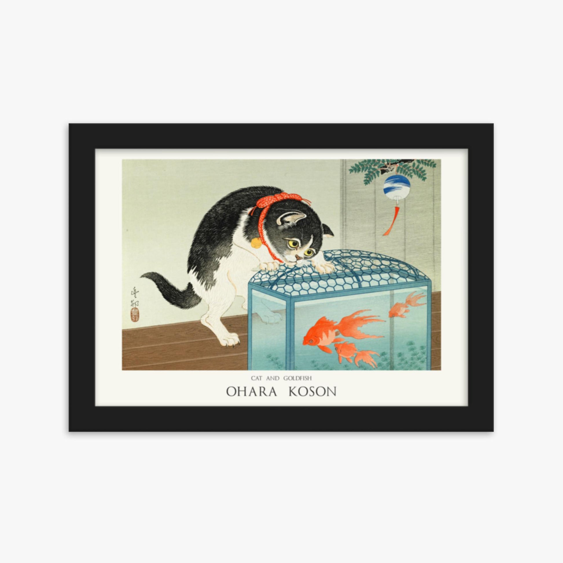 Ohara Koson: Cat and Goldfish - Japandi - 21x30 cm Poster With Black Frame