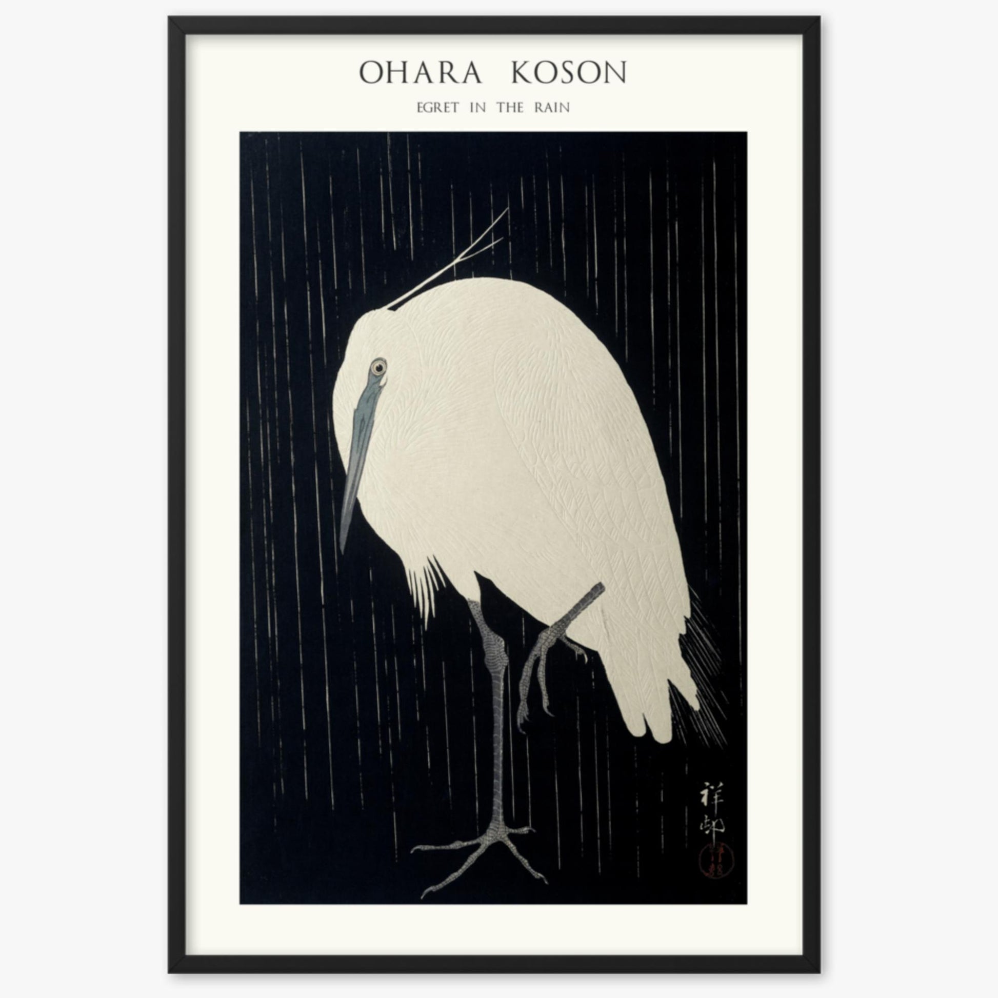 Ohara Koson: Egret in the Rain - Japandi - 61x91 cm Poster With Black Frame