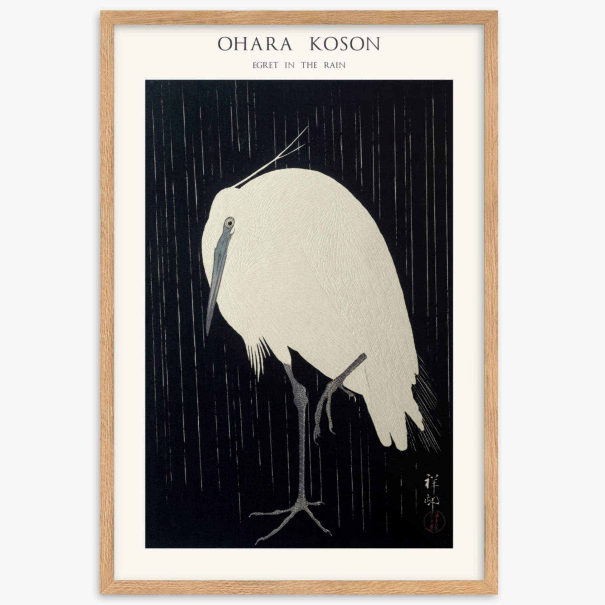 Ohara Koson: Egret in the Rain - Japandi - 61x91 cm Poster With Oak Frame