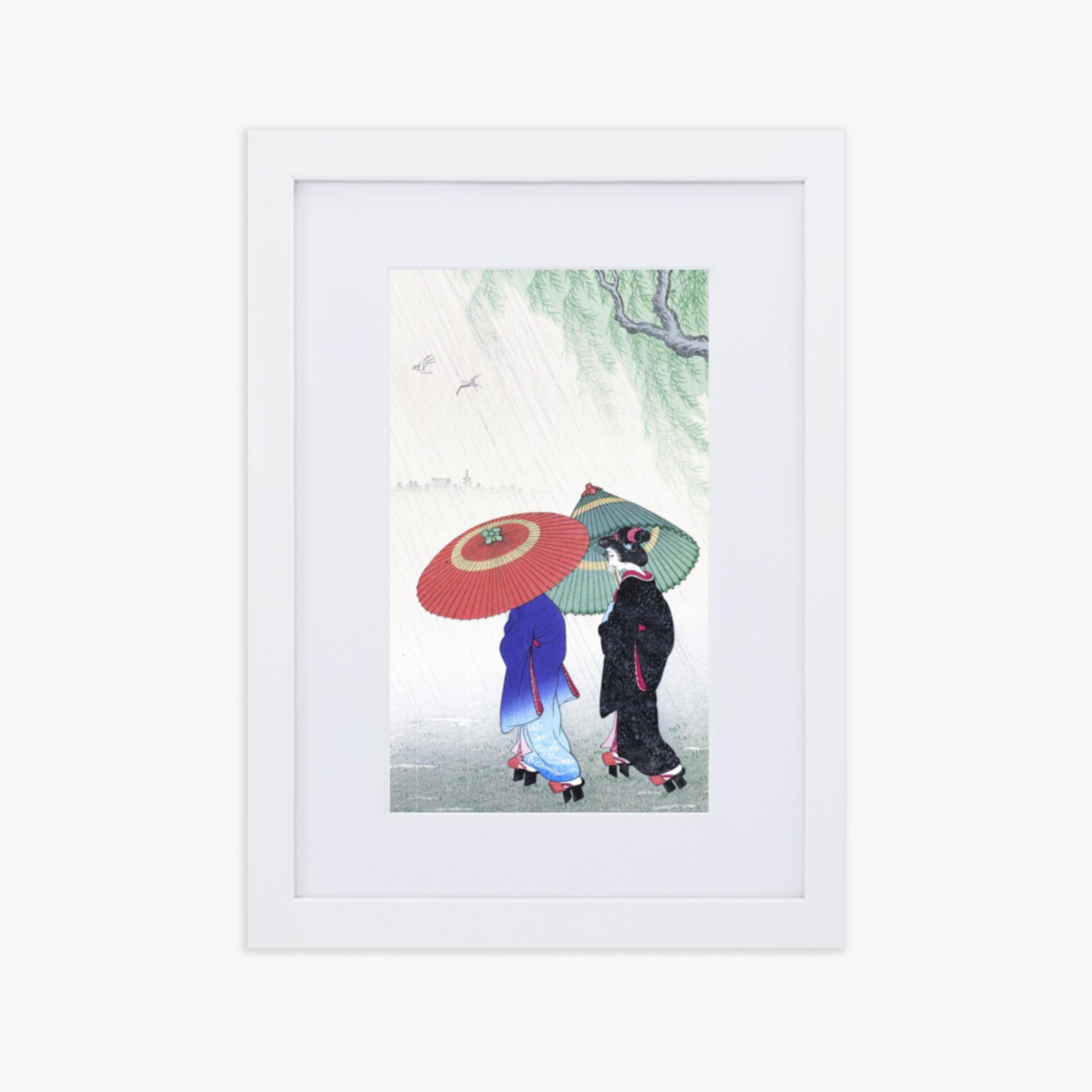 Ohara Koson - Two Women in the Rain 21x30 cm Poster With White Frame