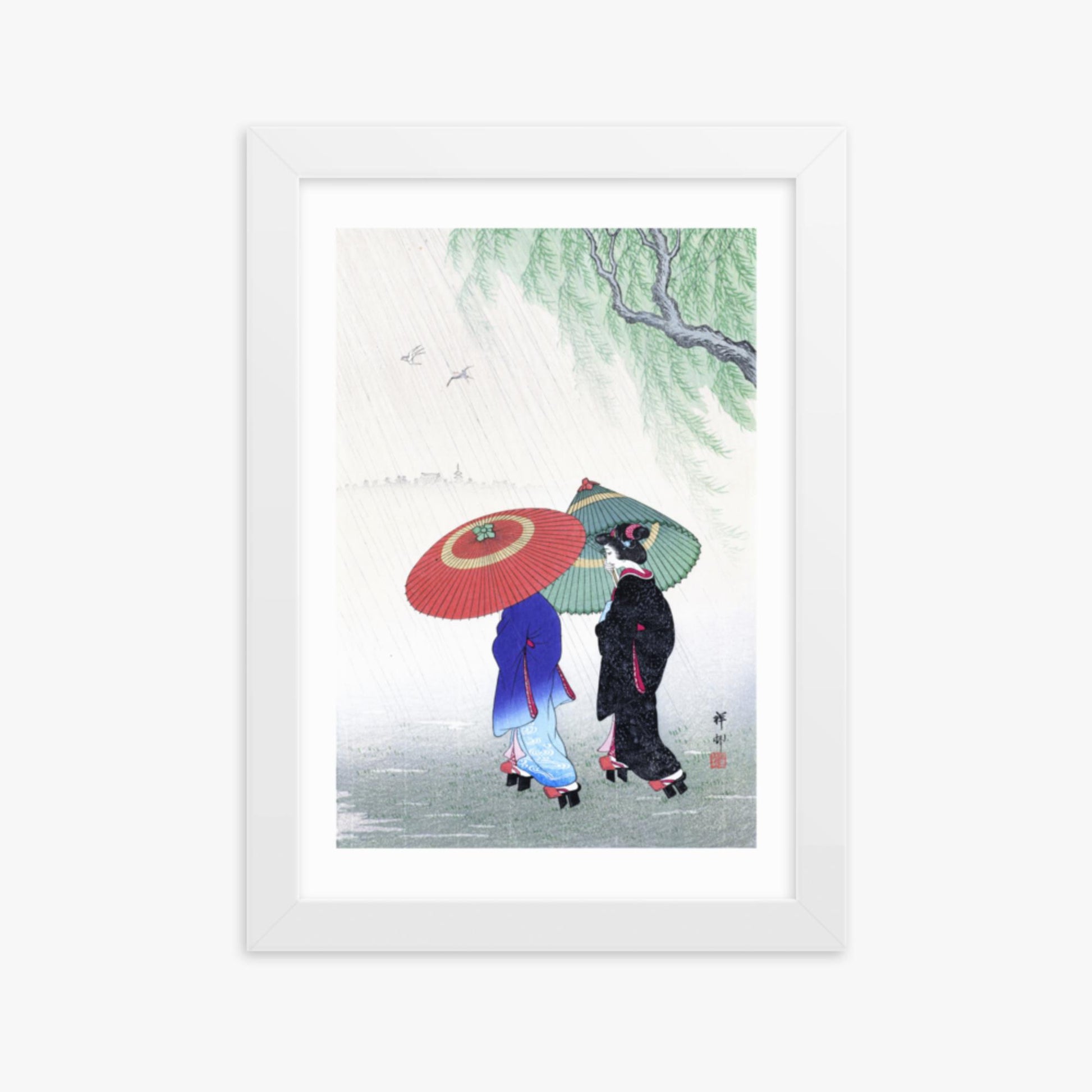 Ohara Koson - Two Women in the Rain 21x30 cm Poster With White Frame