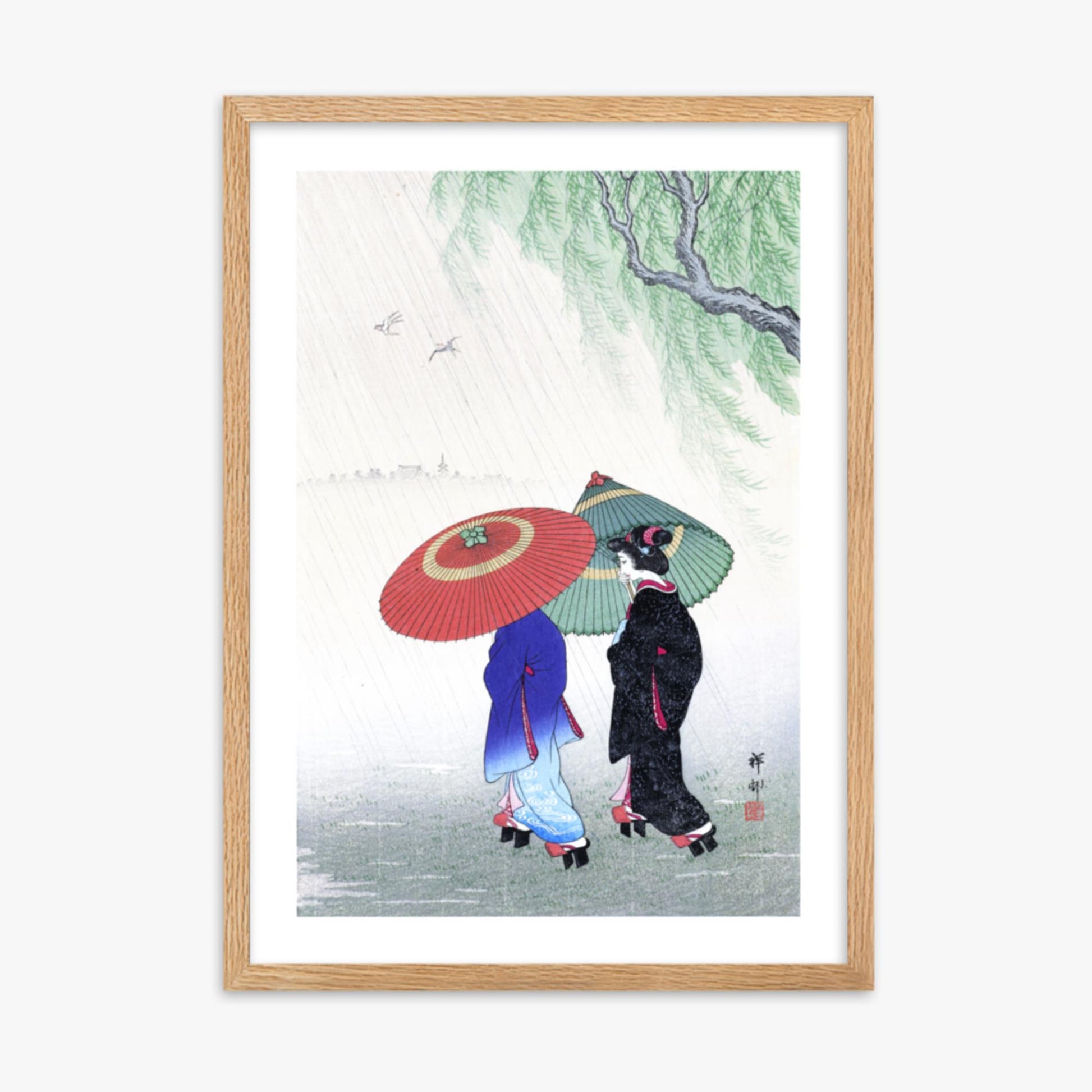 Ohara Koson - Two Women in the Rain 50x70 cm Poster With Oak Frame