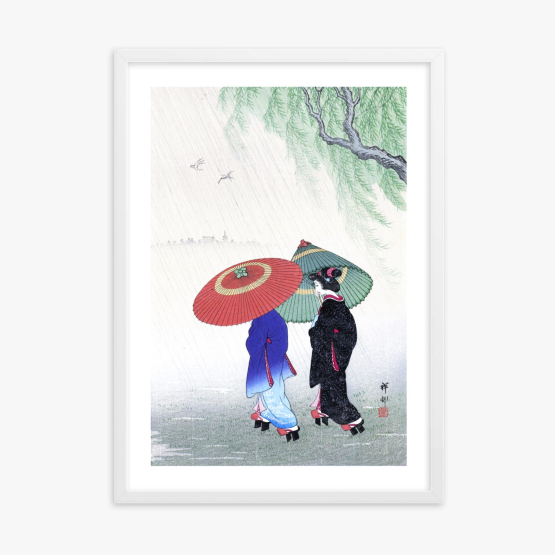 Ohara Koson - Two Women in the Rain 50x70 cm Poster With White Frame