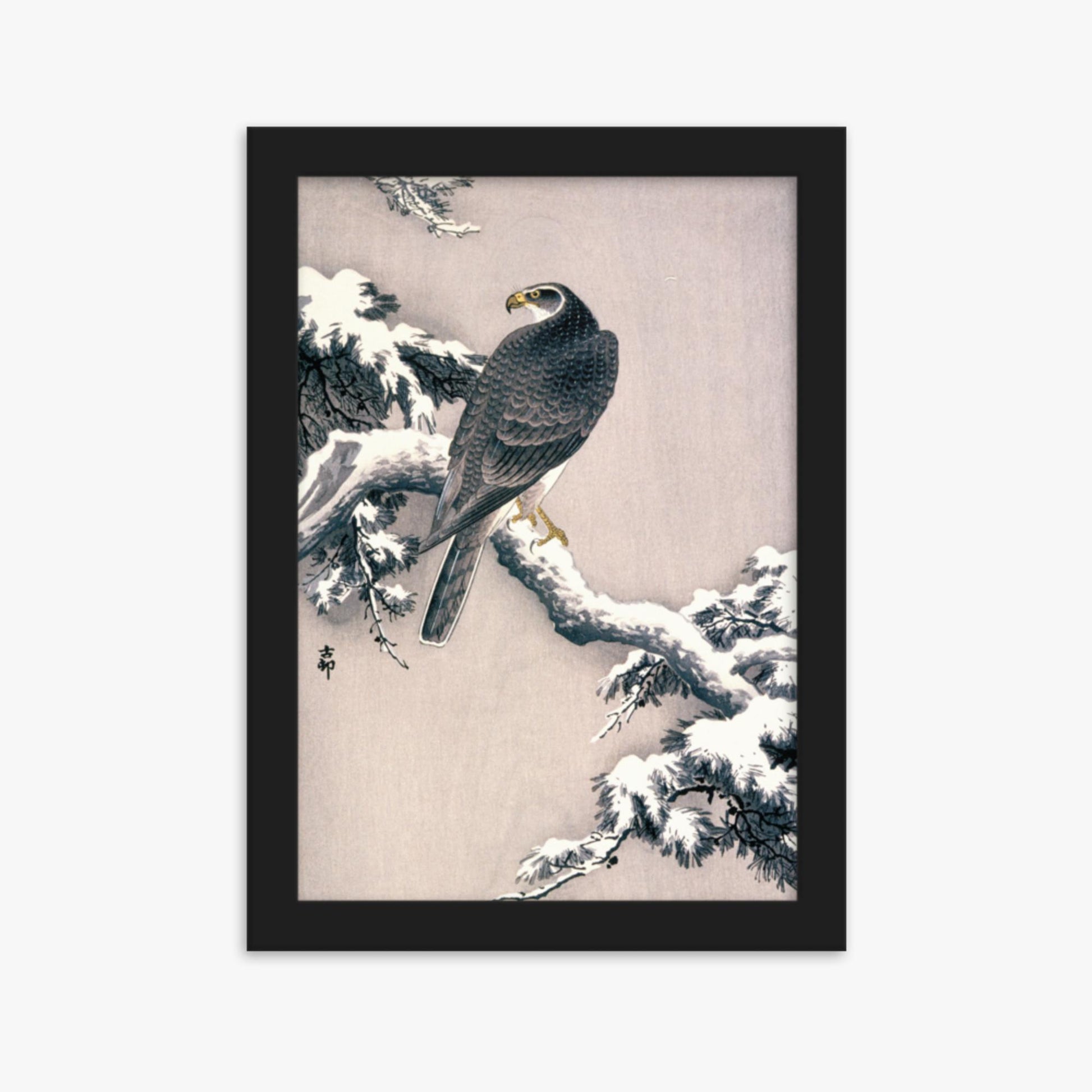 Ohara Koson - Goshawk on Snow-covered Pine Bough  21x30 cm Poster With Black Frame