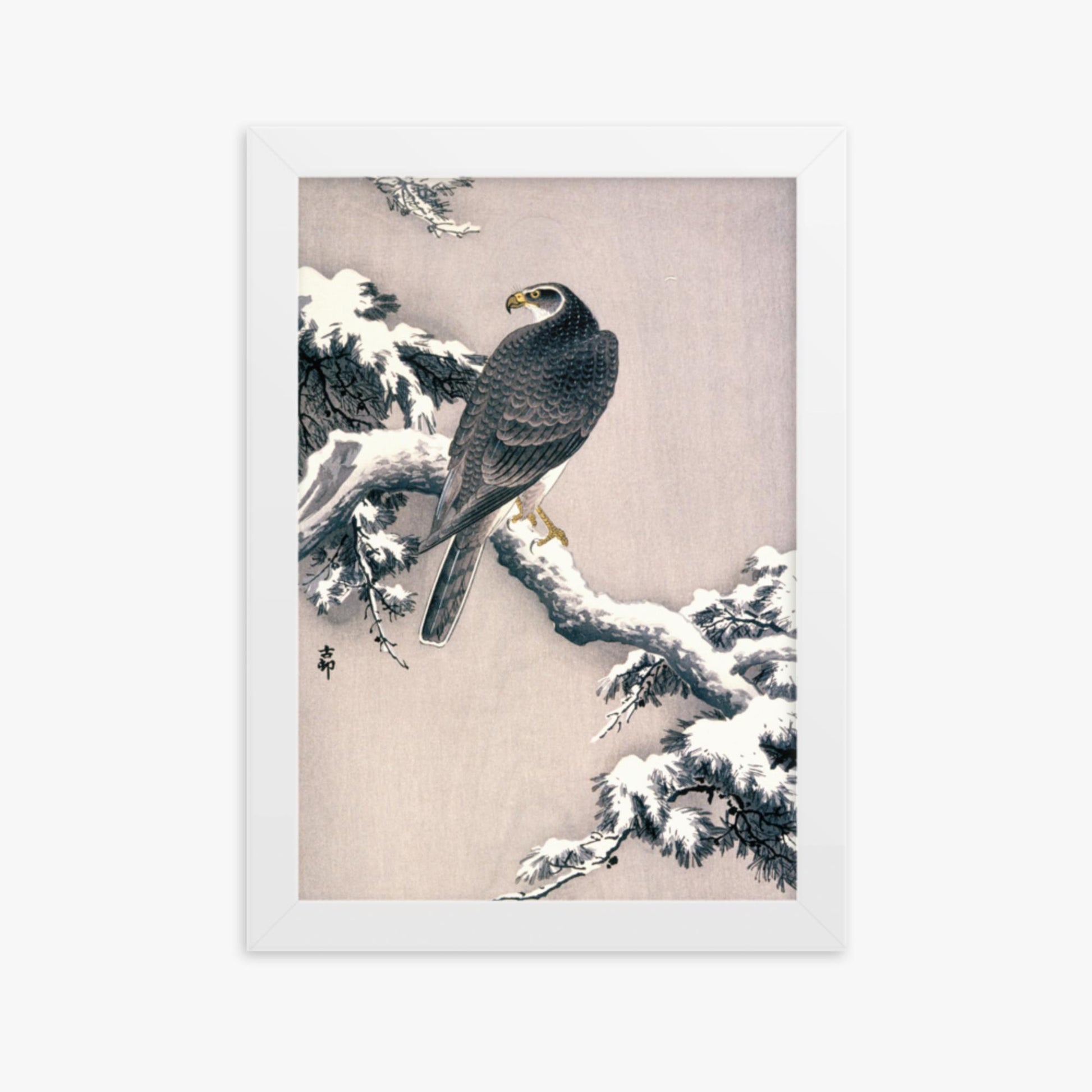 Ohara Koson - Goshawk on Snow-covered Pine Bough  21x30 cm Poster With White Frame