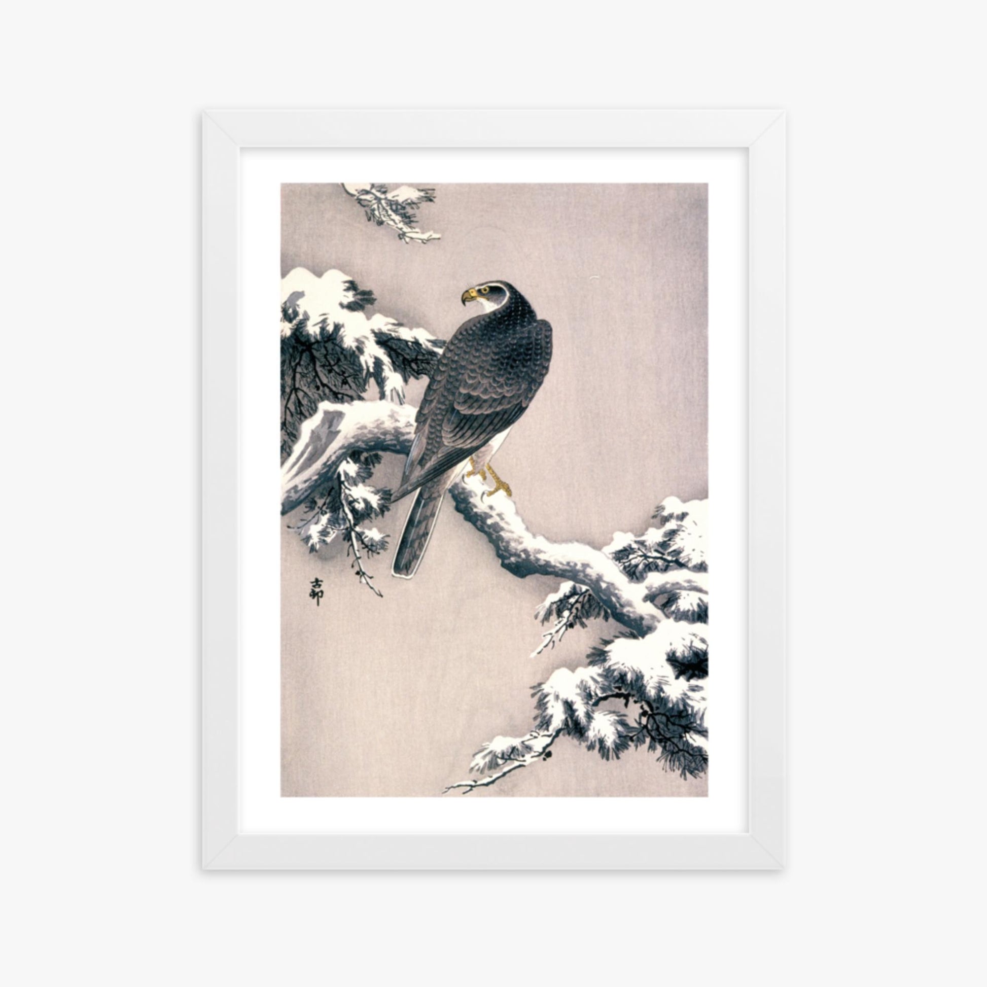 Ohara Koson - Goshawk on Snow-covered Pine Bough  30x40 cm Poster With White Frame