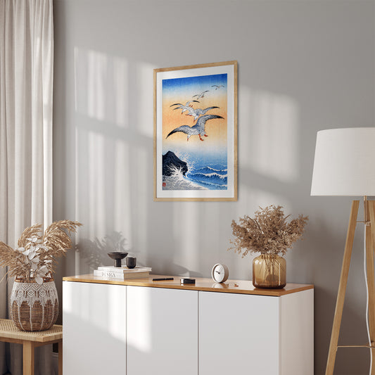 Interior Design Concept: Five Seagulls Above Turbulent Sea (Ohara Koson)