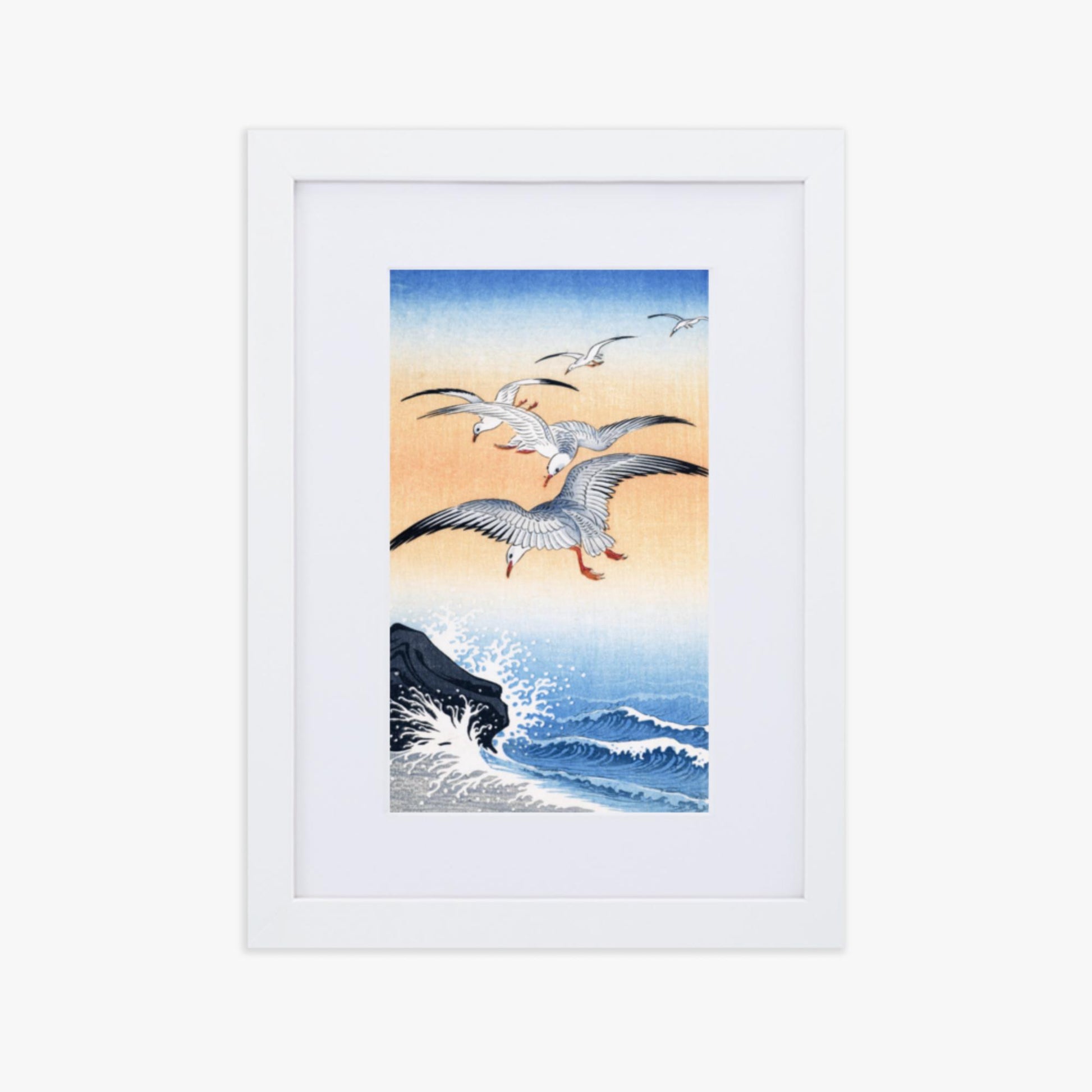 Ohara Koson - Five Seagulls Above Turbulent Sea 21x30 cm Poster With White Frame