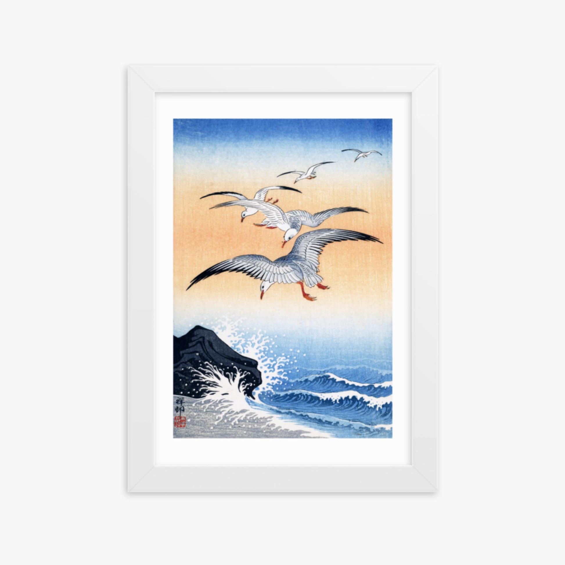 Ohara Koson - Five Seagulls Above Turbulent Sea 21x30 cm Poster With White Frame