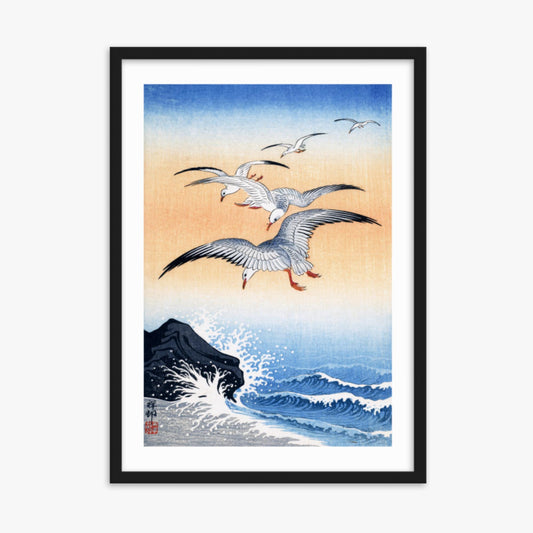 Ohara Koson - Five Seagulls Above Turbulent Sea 50x70 cm Poster With Black Frame