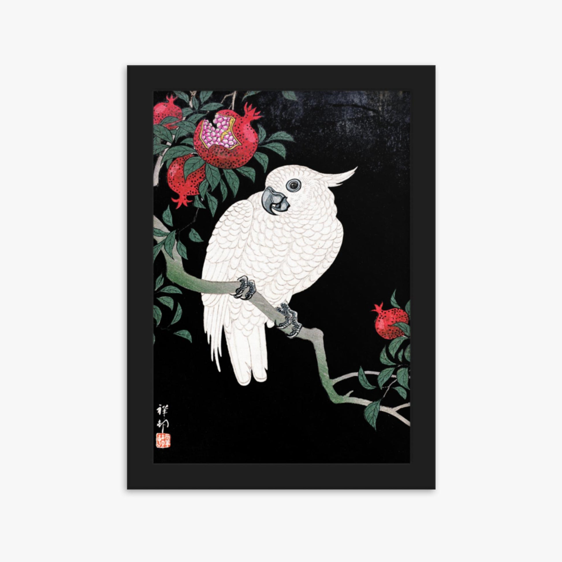 Ohara Koson - Cockatoo and Pomegranate 21x30 cm Poster With Black Frame