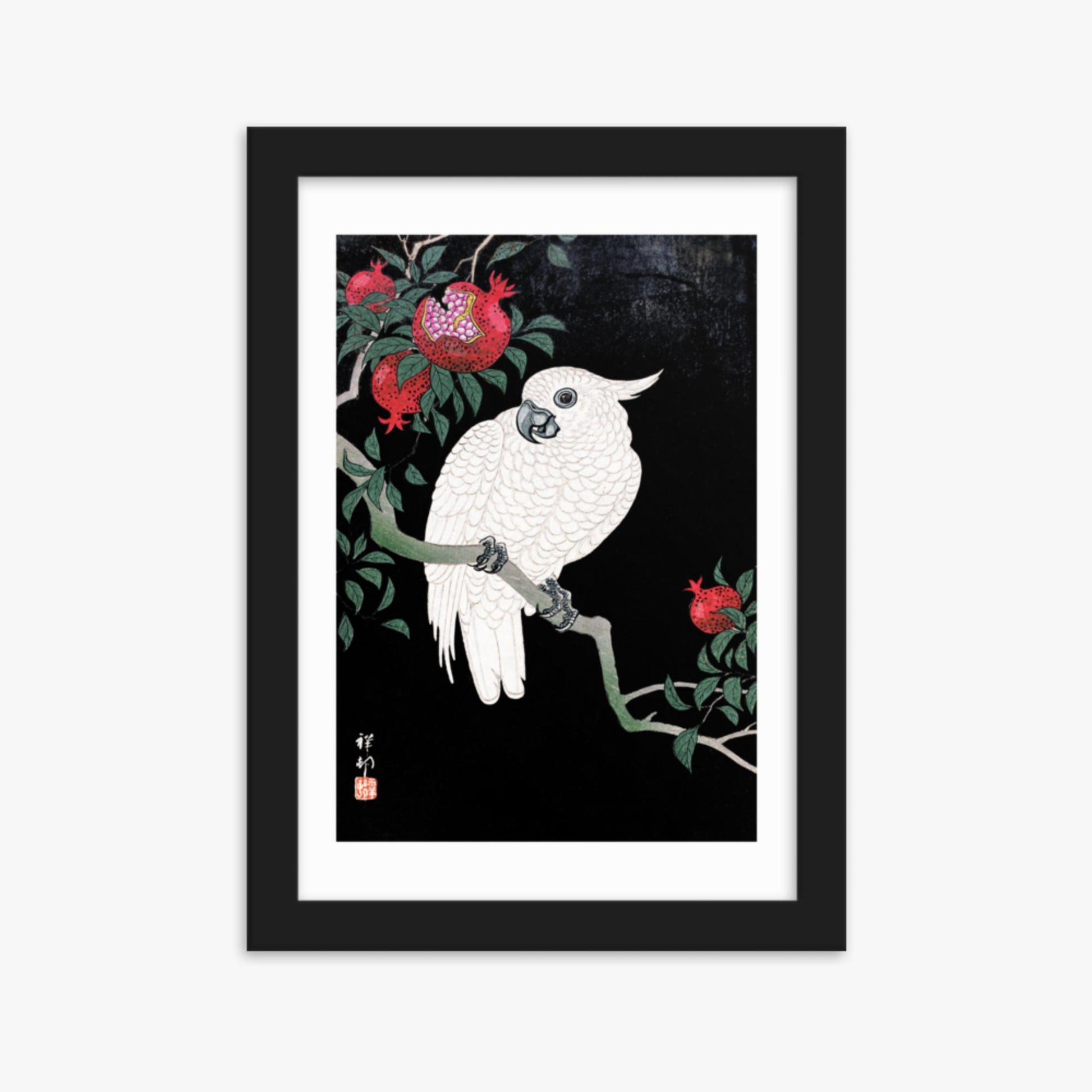 Ohara Koson - Cockatoo and Pomegranate 21x30 cm Poster With Black Frame