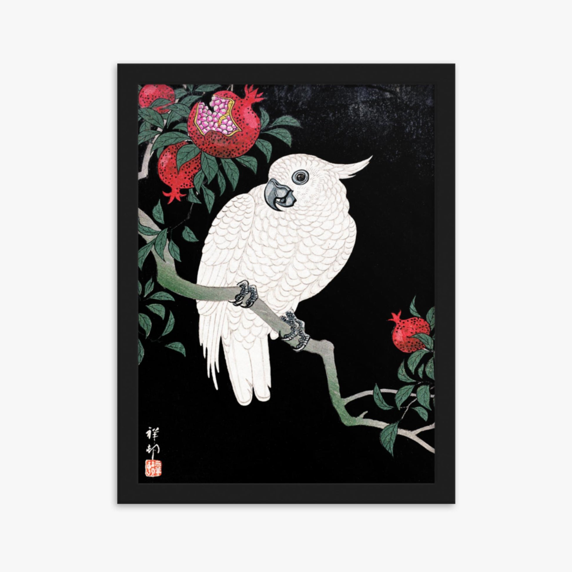 Ohara Koson - Cockatoo and Pomegranate 30x40 cm Poster With Black Frame