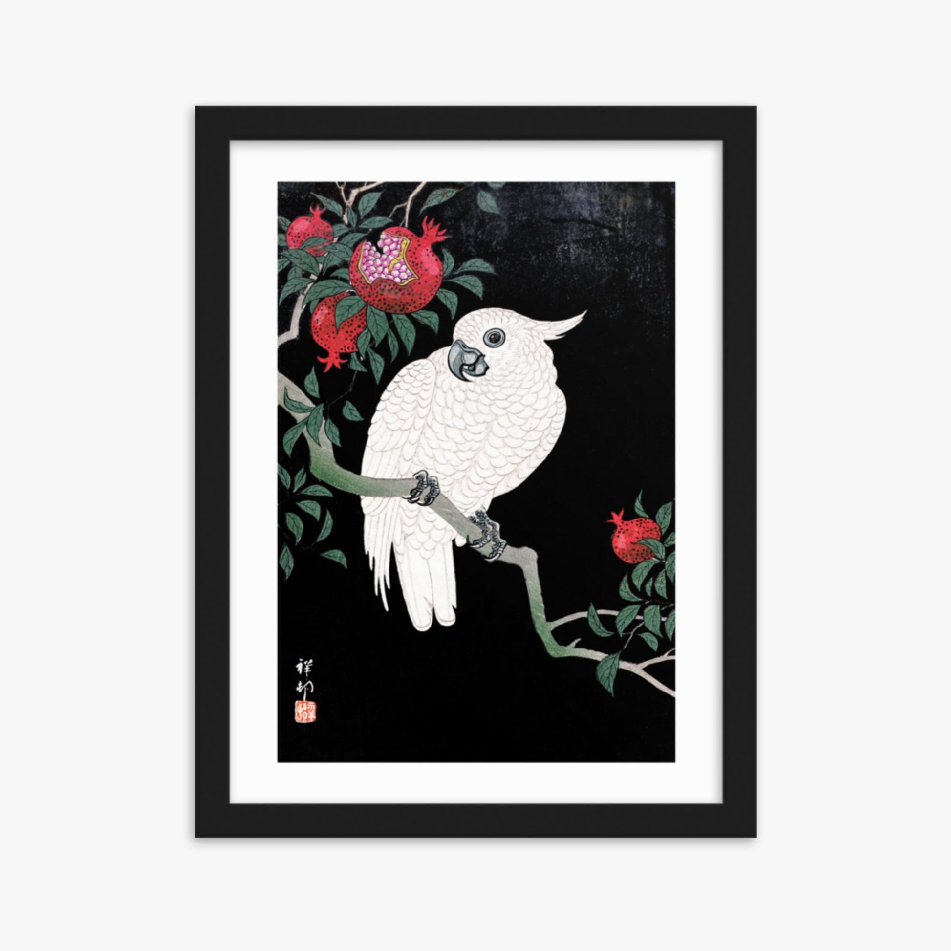 Ohara Koson - Cockatoo and Pomegranate 30x40 cm Poster With Black Frame