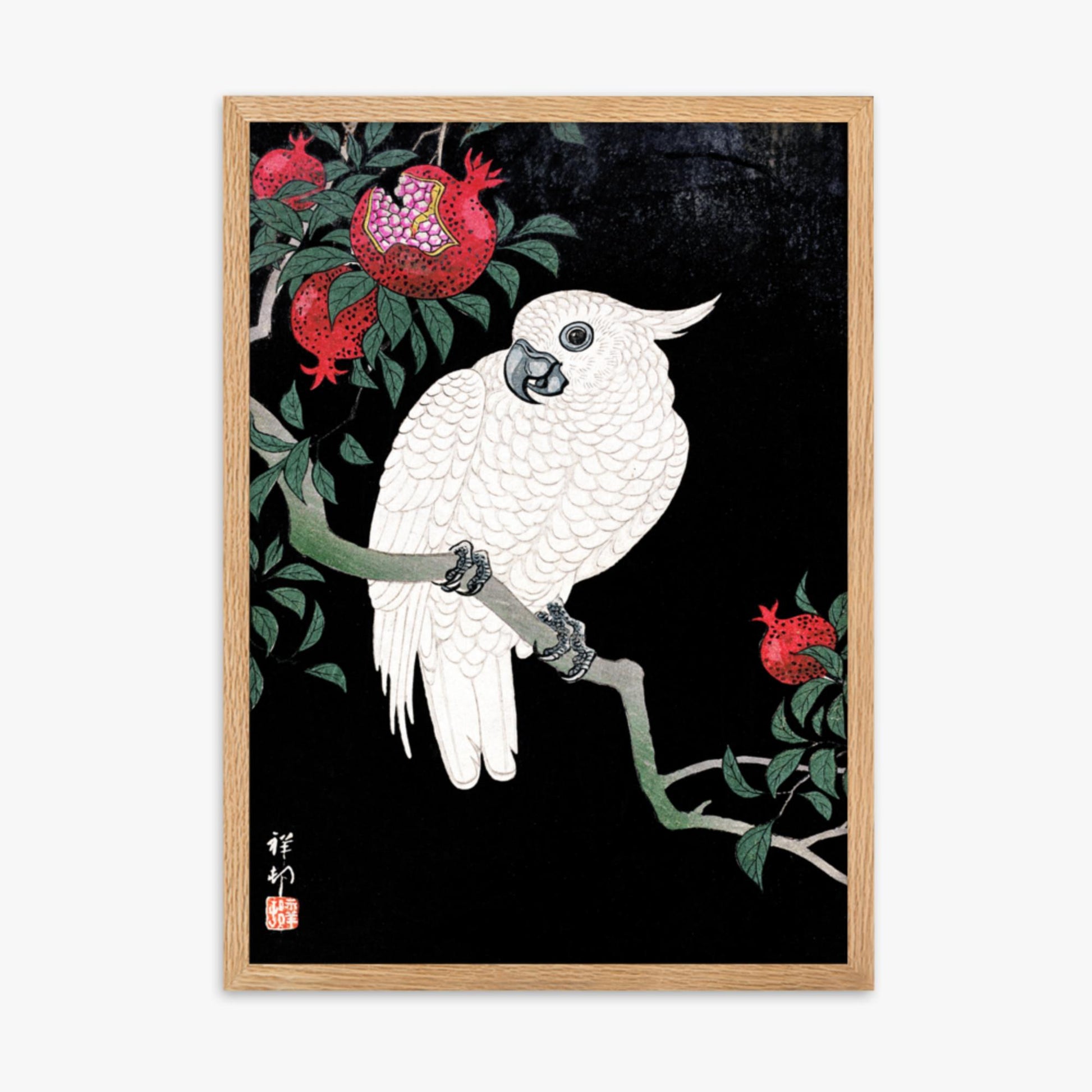 Ohara Koson - Cockatoo and Pomegranate 50x70 cm Poster With Oak Frame