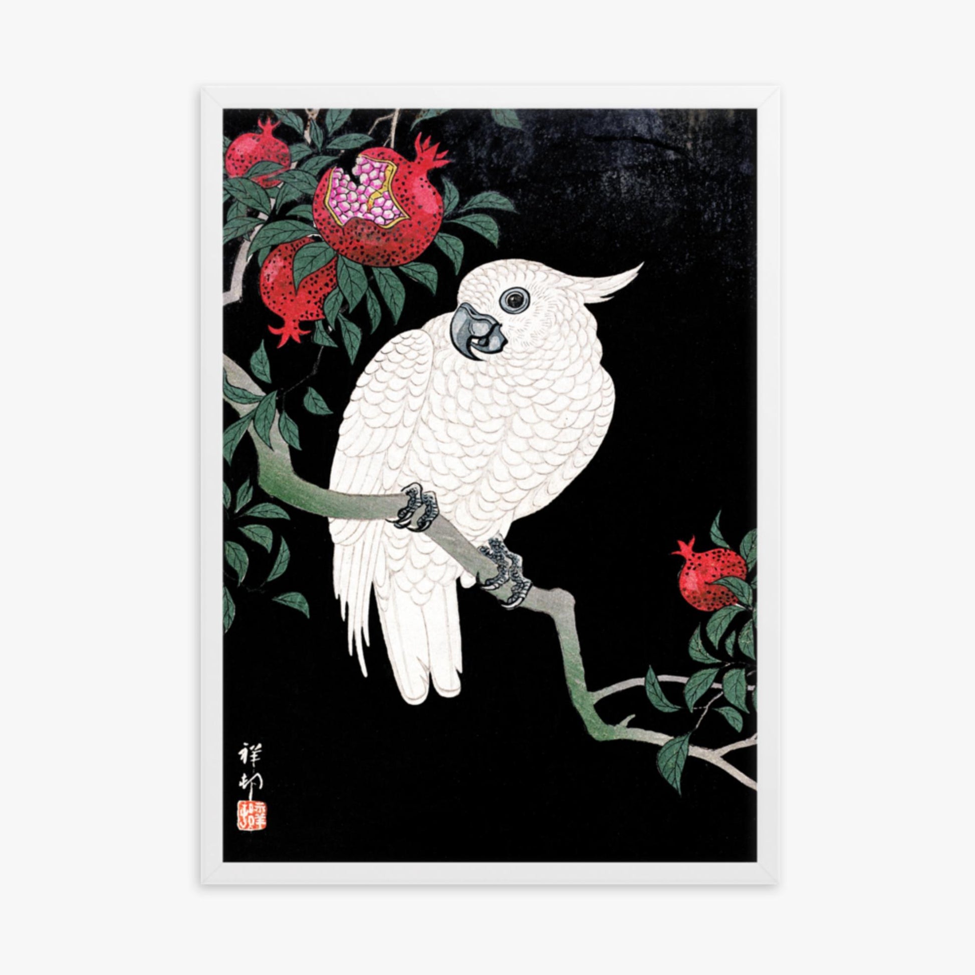 Ohara Koson - Cockatoo and Pomegranate 50x70 cm Poster With White Frame