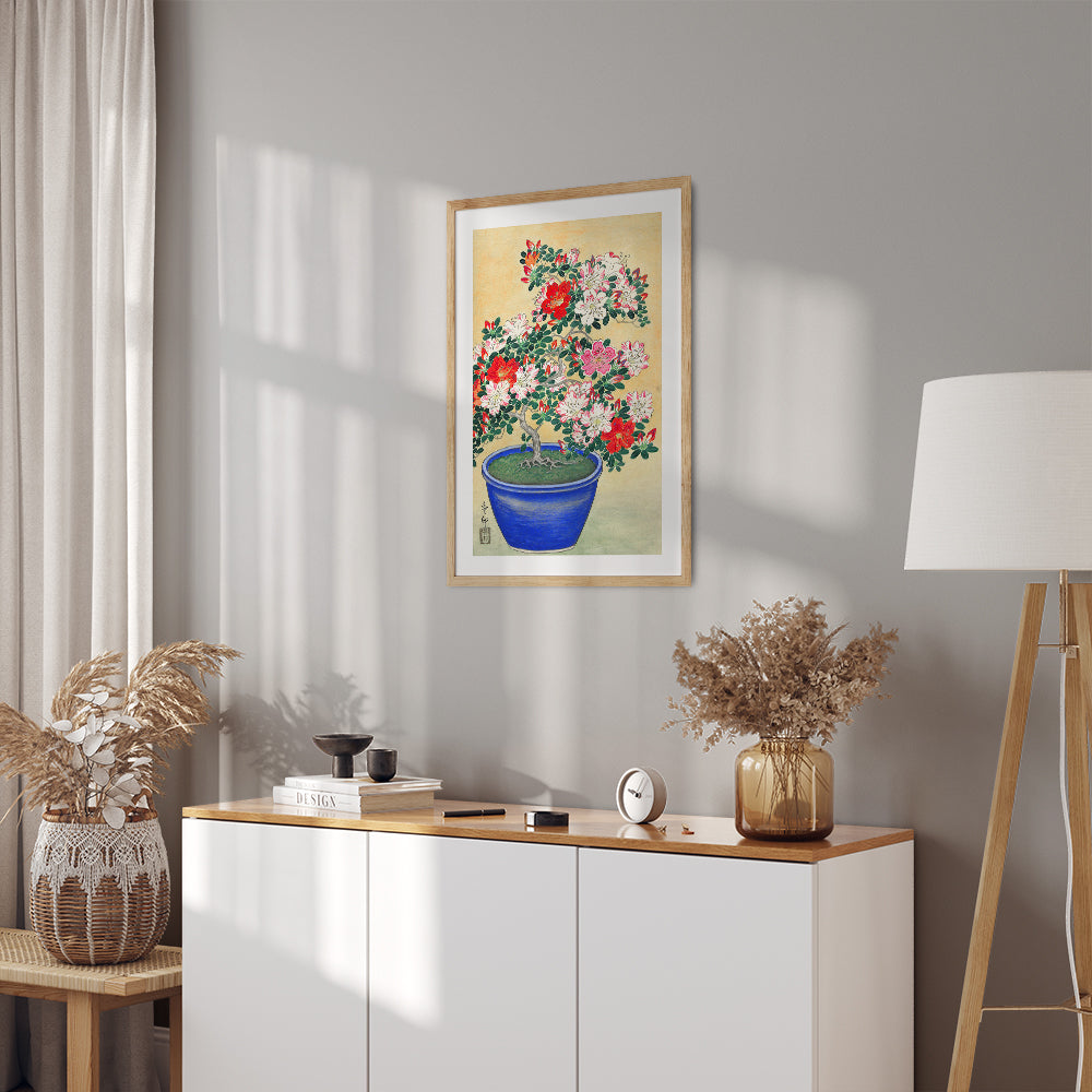 Interior Design Concept: Blooming Azalea in Blue Pot (Ohara Koson)