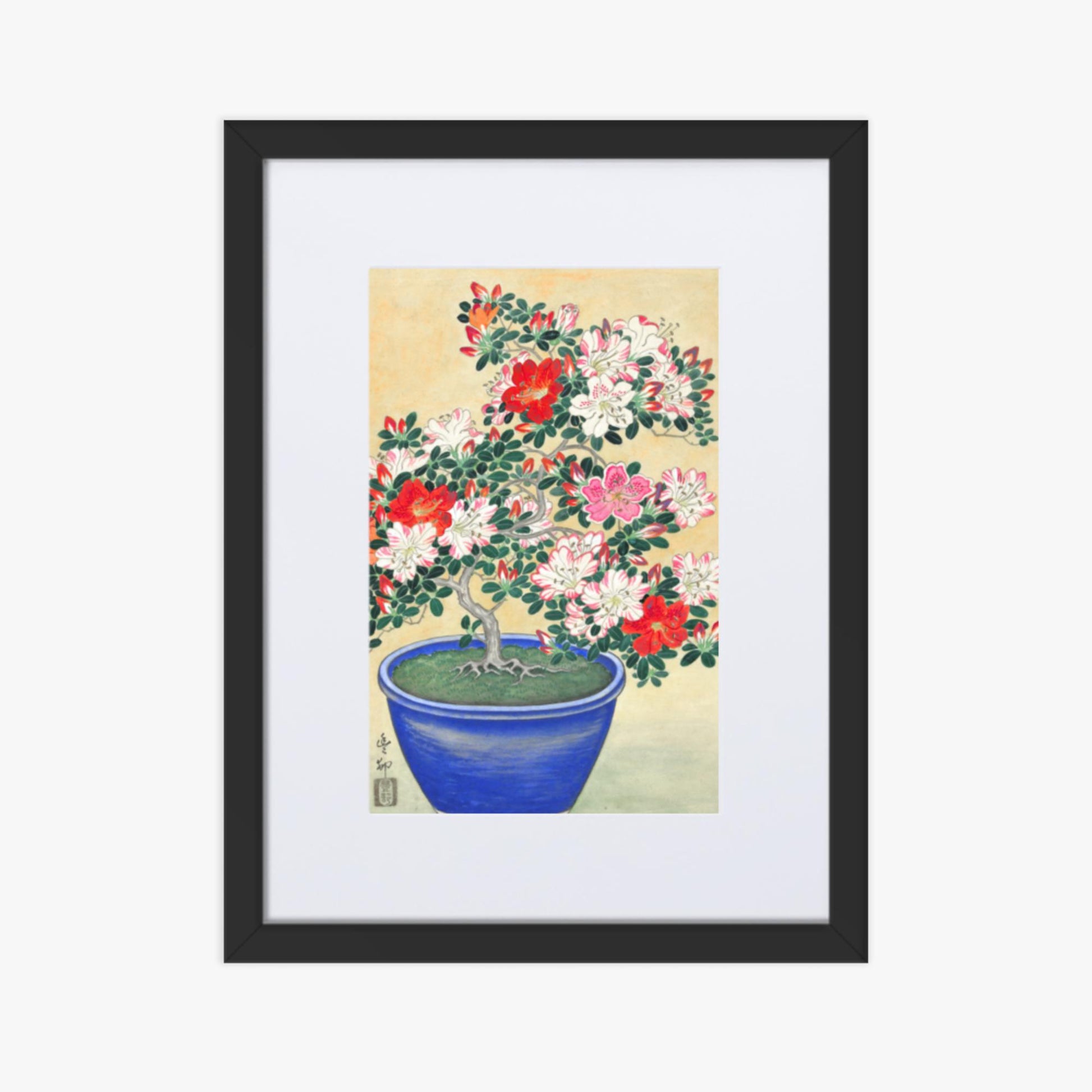 Ohara Koson - Blooming Azalea in Blue Pot 30x40 cm Poster With Black Frame