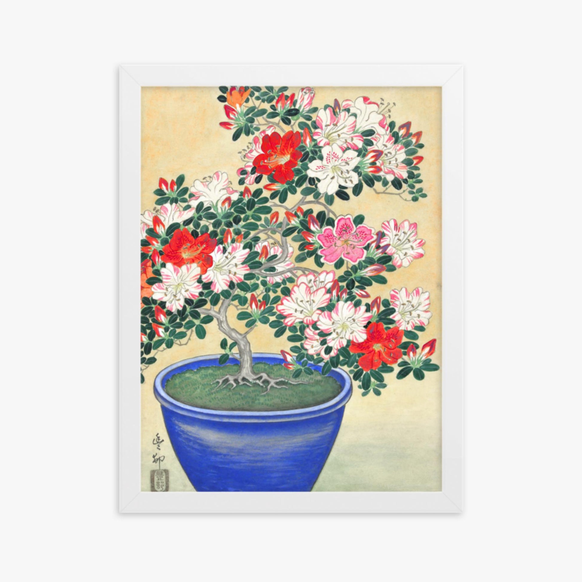 Ohara Koson - Blooming Azalea in Blue Pot 30x40 cm Poster With White Frame