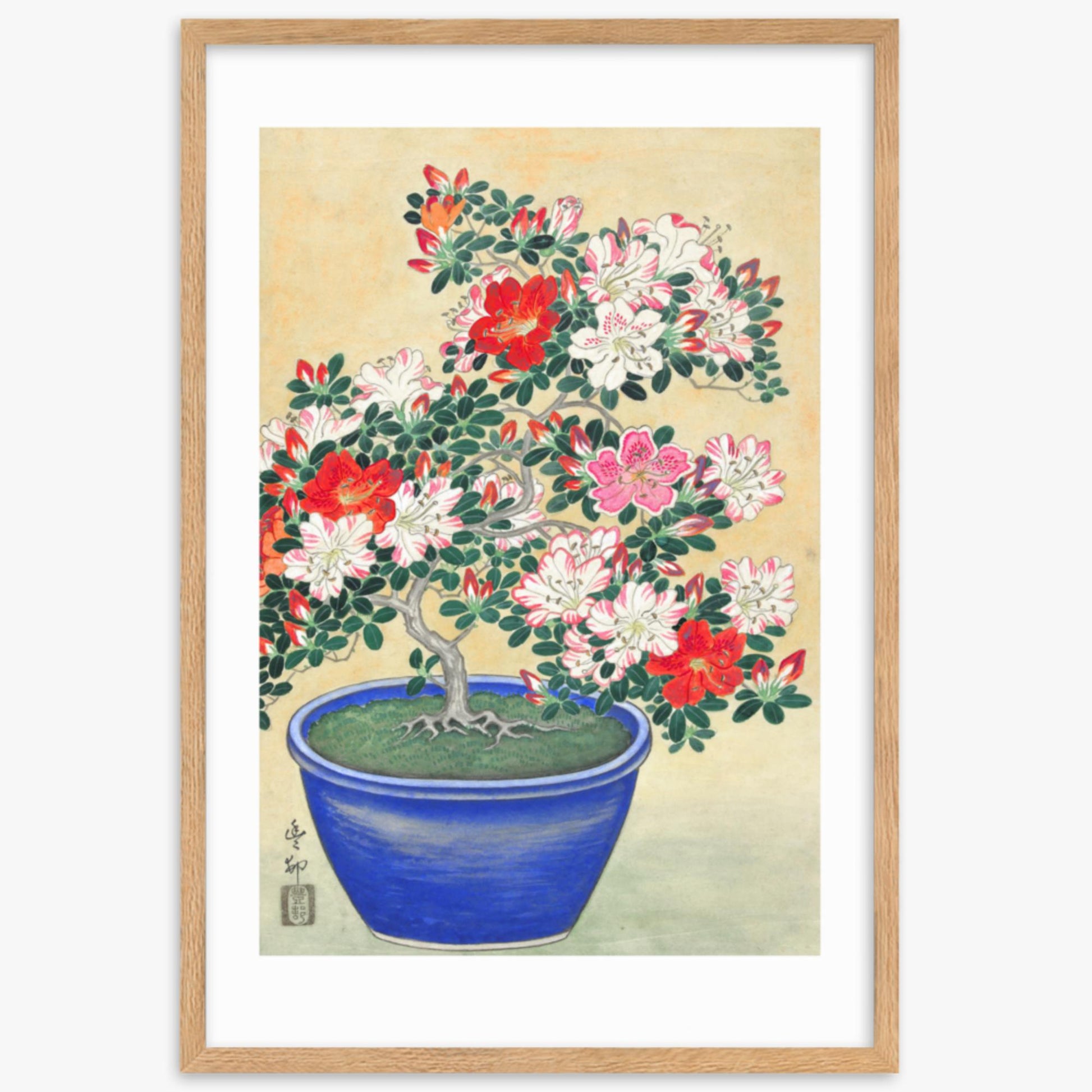 Ohara Koson - Blooming Azalea in Blue Pot 61x91 cm Poster With Oak Frame