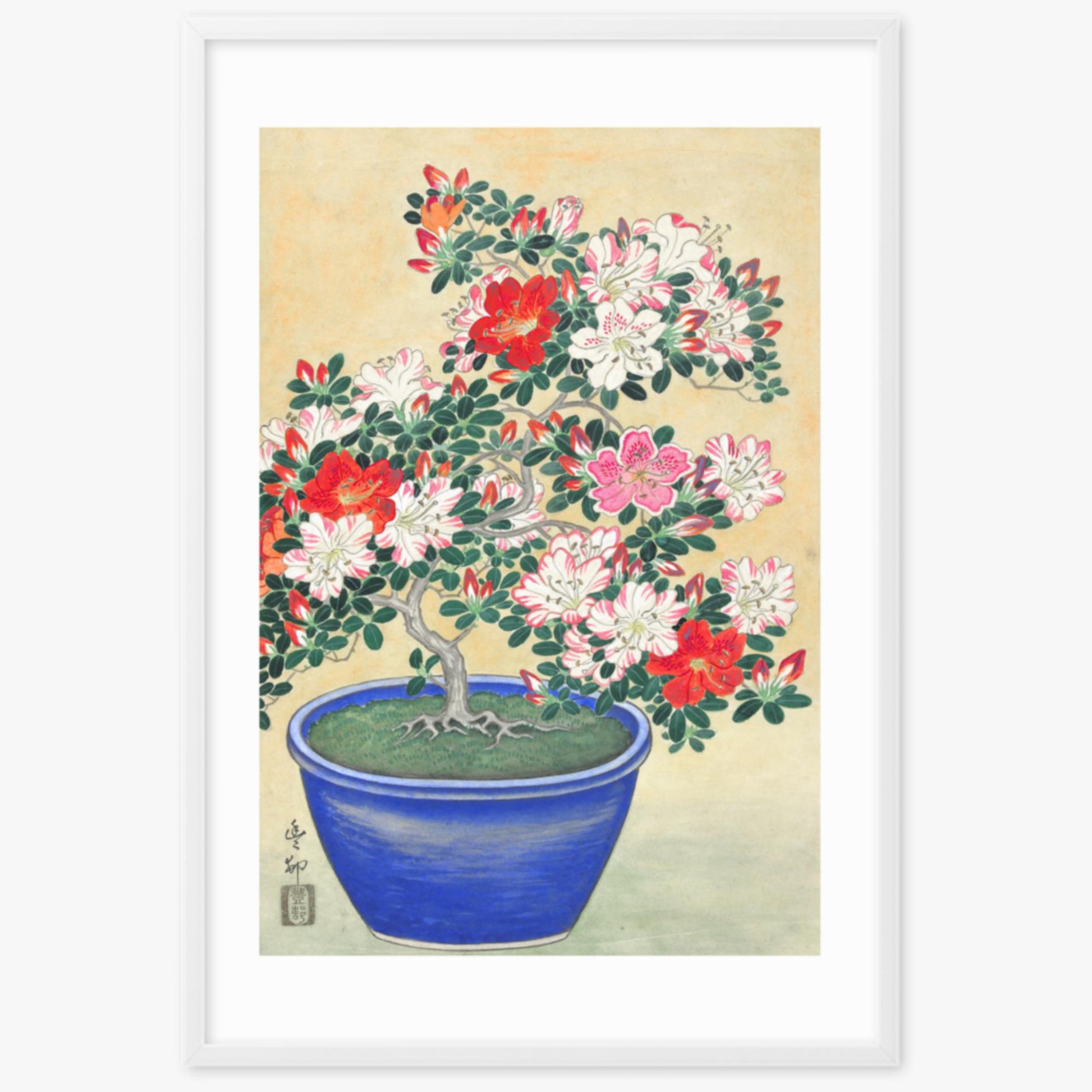 Ohara Koson - Blooming Azalea in Blue Pot 61x91 cm Poster With White Frame