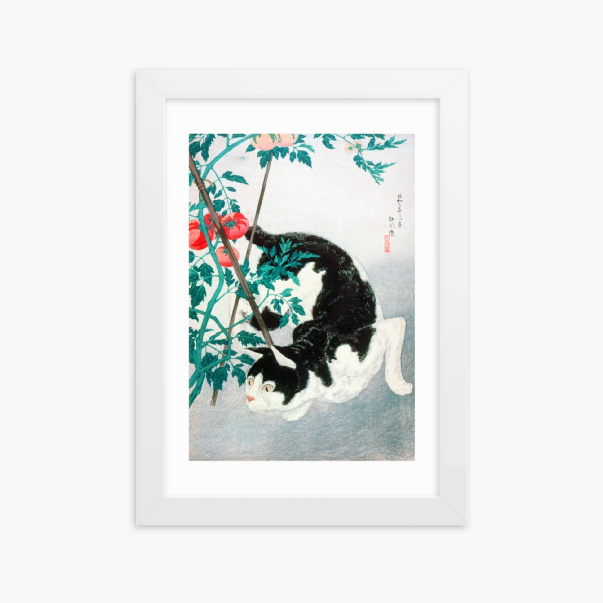 Takahashi Hiroaki (Shōtei) - Cat with Tomato Plant 21x30 cm Poster With White Frame